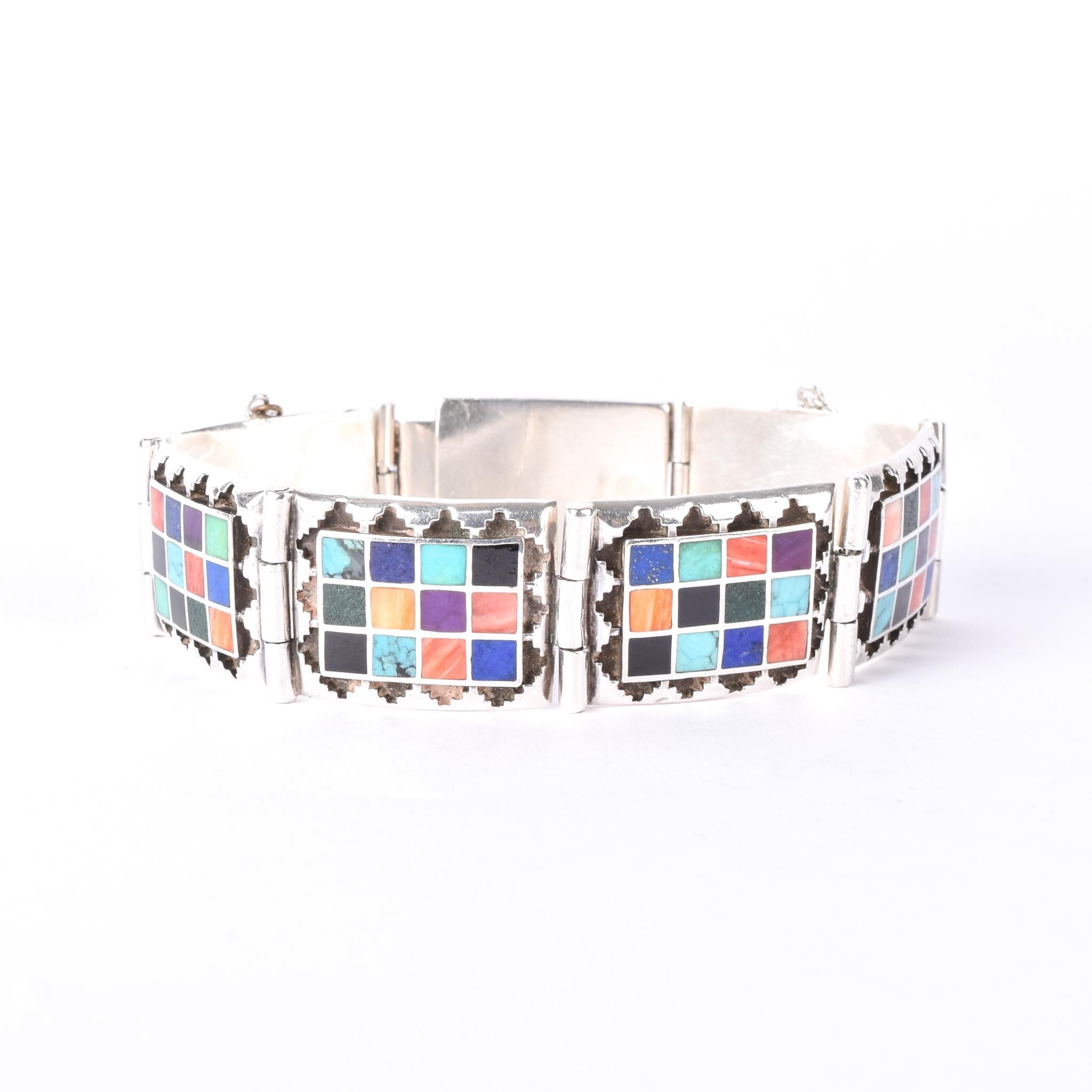 Signed Navajo Sterling Silver Multi-Stone Inlay Checkerboard Link Bracelet