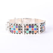 Signed Navajo Sterling Silver Multi-Stone Inlay Checkerboard Link Bracelet