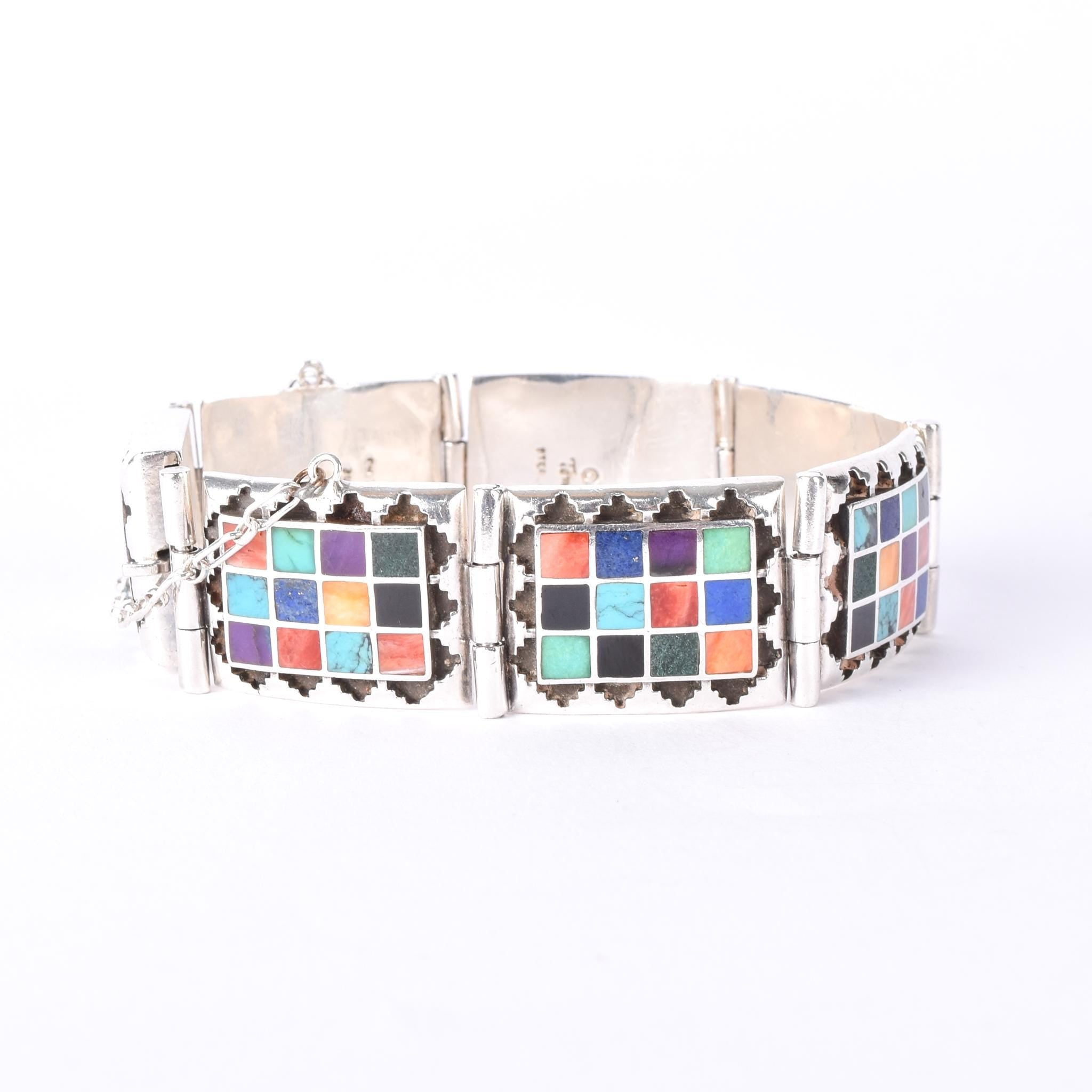 Signed Navajo Sterling Silver Multi-Stone Inlay Checkerboard Link Bracelet