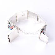 Signed Navajo Sterling Silver Multi-Stone Inlay Checkerboard Link Bracelet