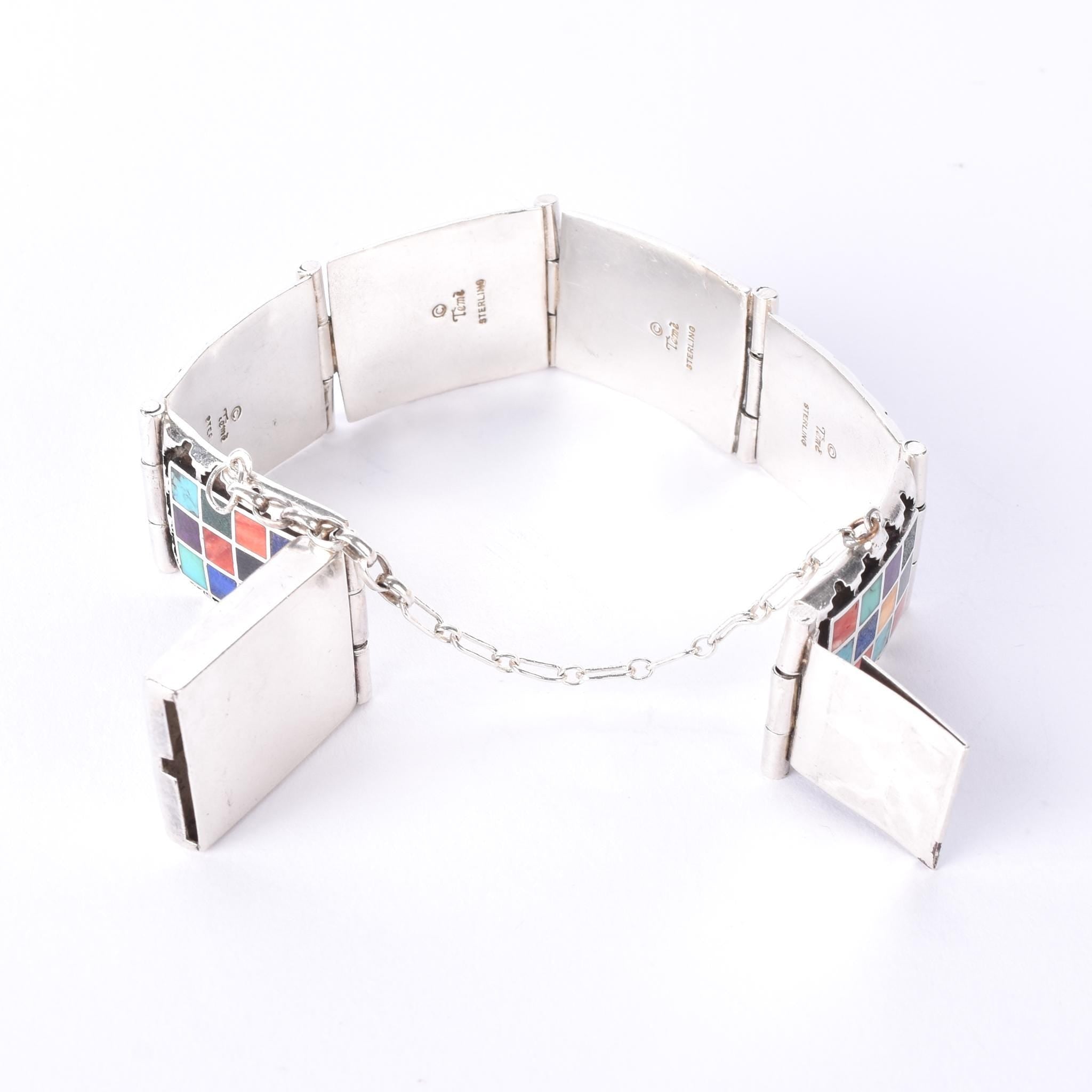Signed Navajo Sterling Silver Multi-Stone Inlay Checkerboard Link Bracelet