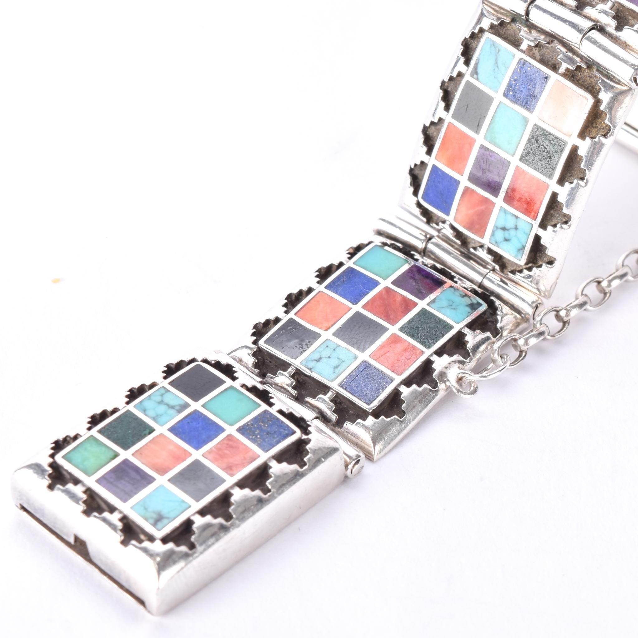 Signed Navajo Sterling Silver Multi-Stone Inlay Checkerboard Link Bracelet