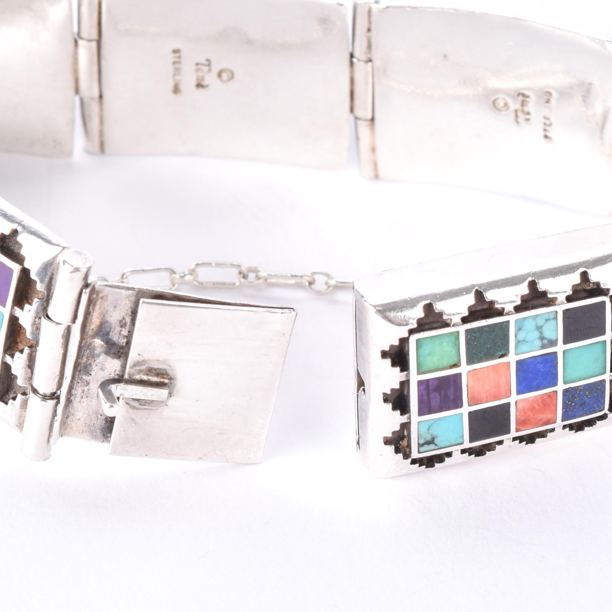 Signed Navajo Sterling Silver Multi-Stone Inlay Checkerboard Link Bracelet