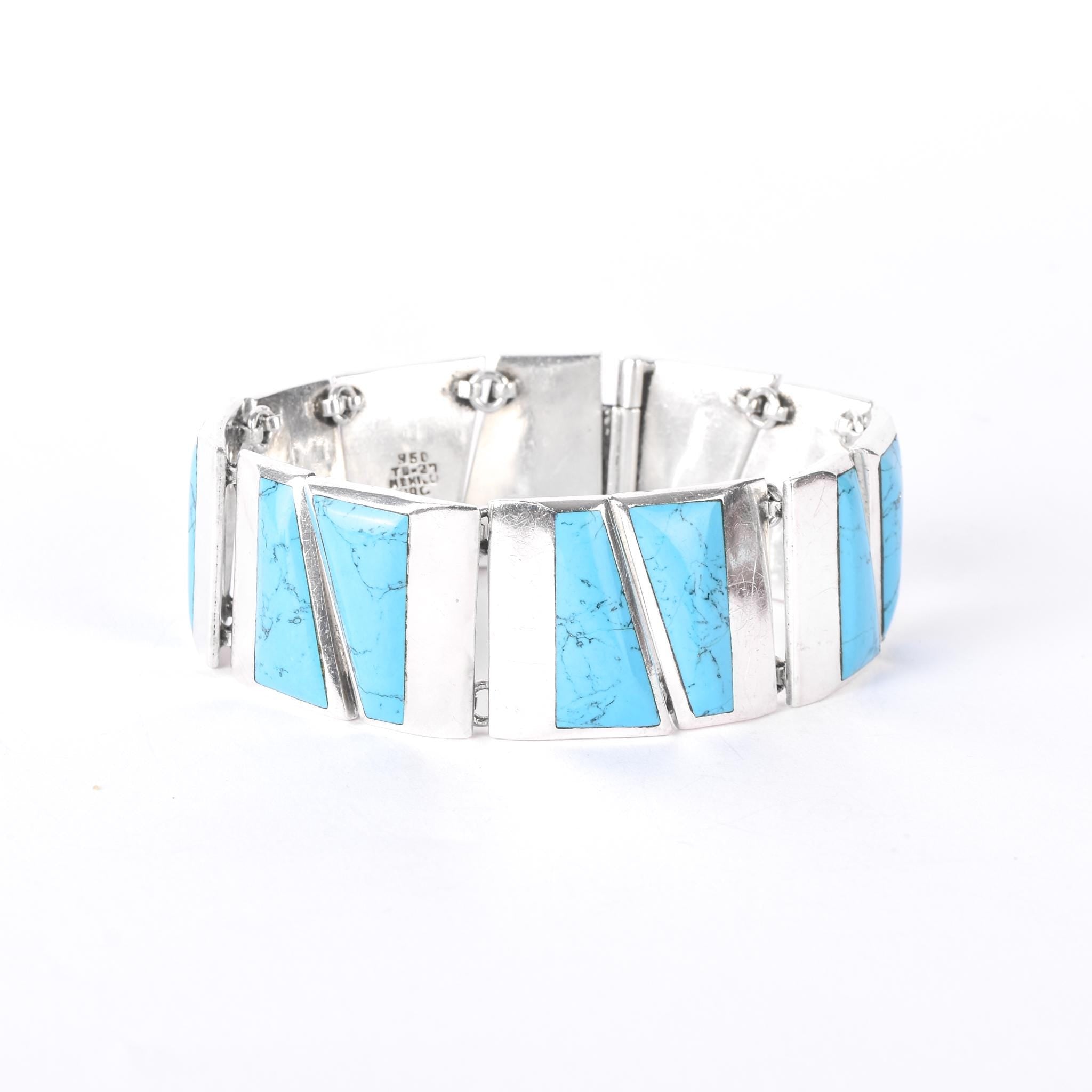 Taxco 950 Silver Geometric Turquoise Inlay Link Bracelet