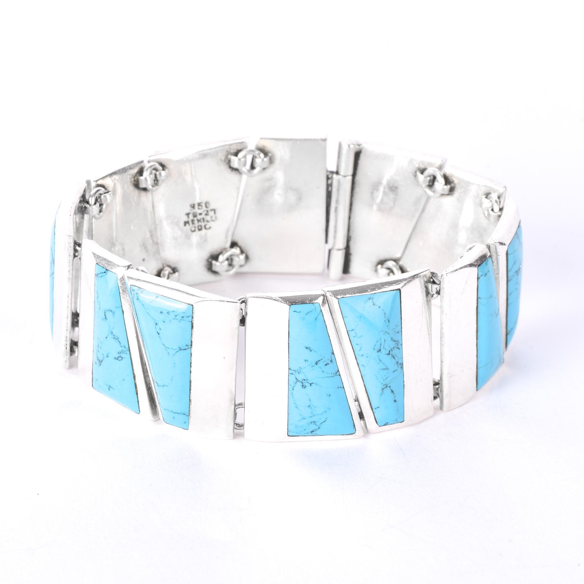 Taxco 950 Silver Geometric Turquoise Inlay Link Bracelet