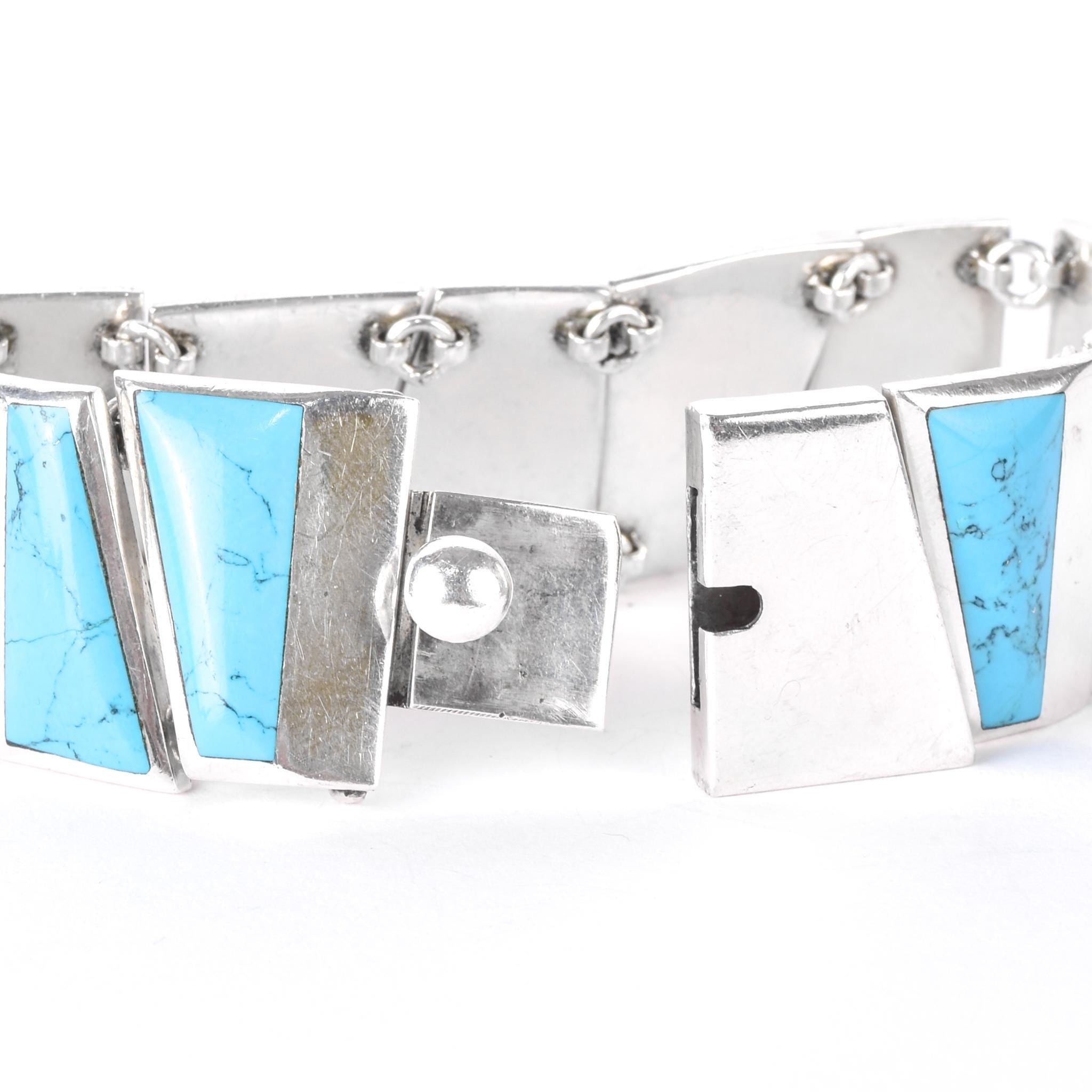 Taxco 950 Silver Geometric Turquoise Inlay Link Bracelet