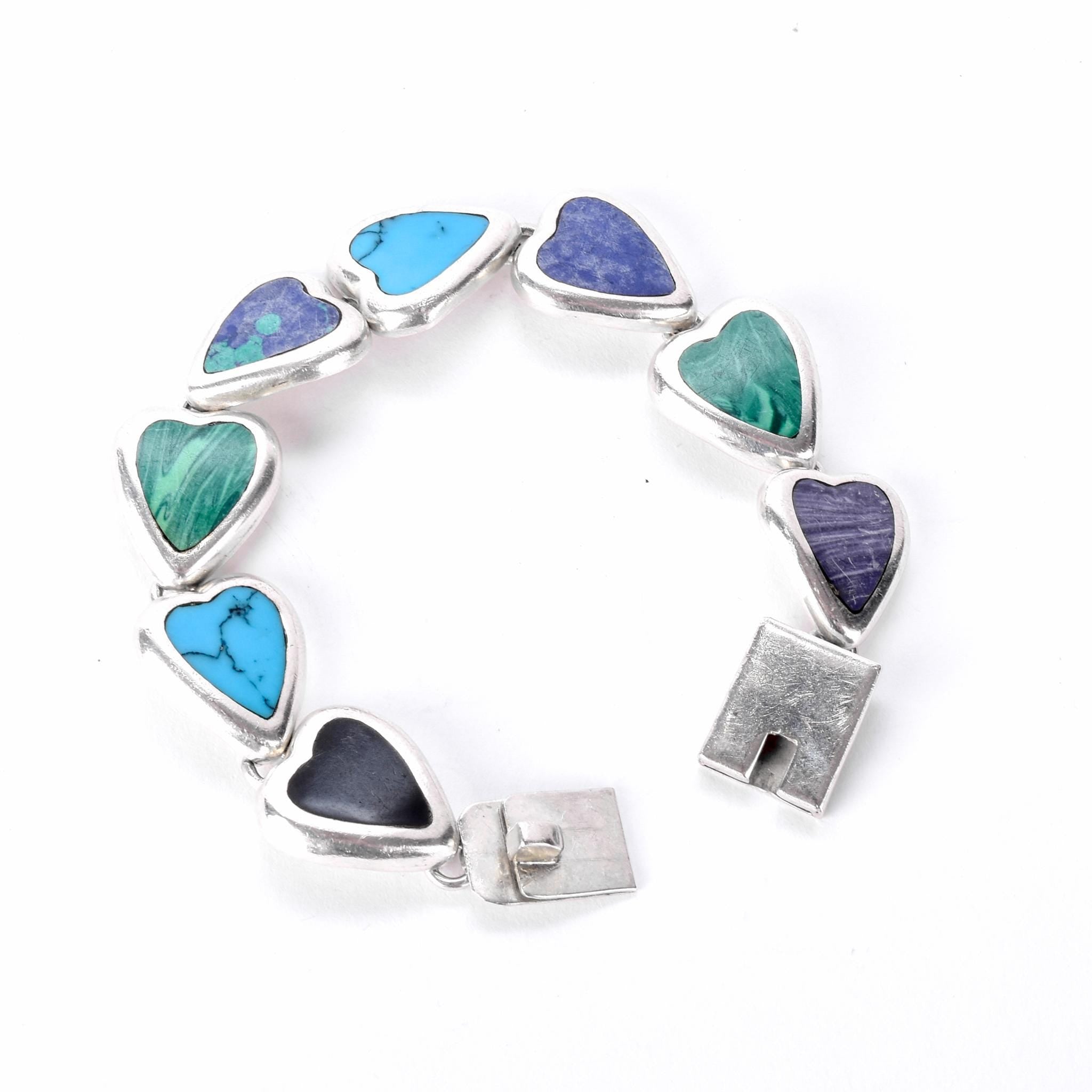 Taxco 950 Silver Multi-Gemstone Heart Link Bracelet – Good's Vintage