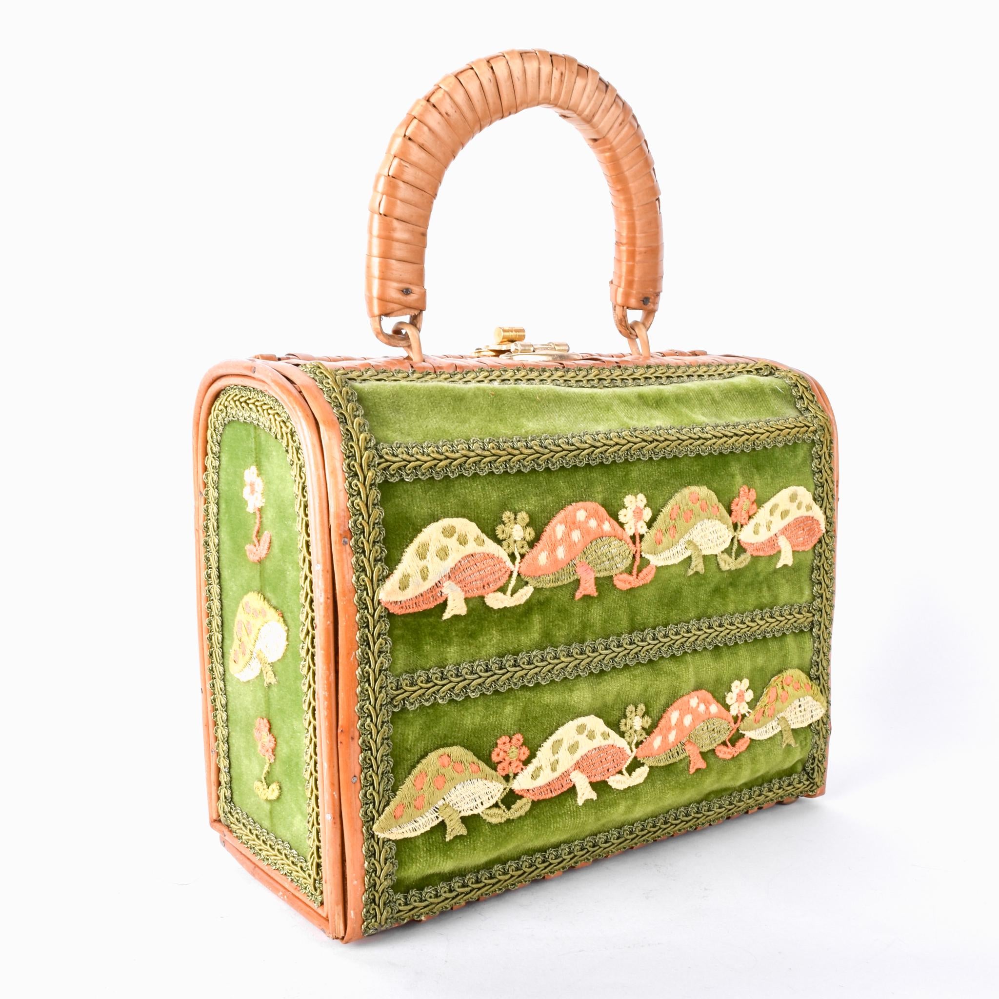 1970s Embroidered Mushroom Wicker Box Purse