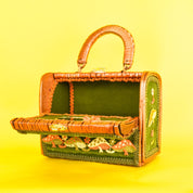 1970s Embroidered Mushroom Wicker Box Purse