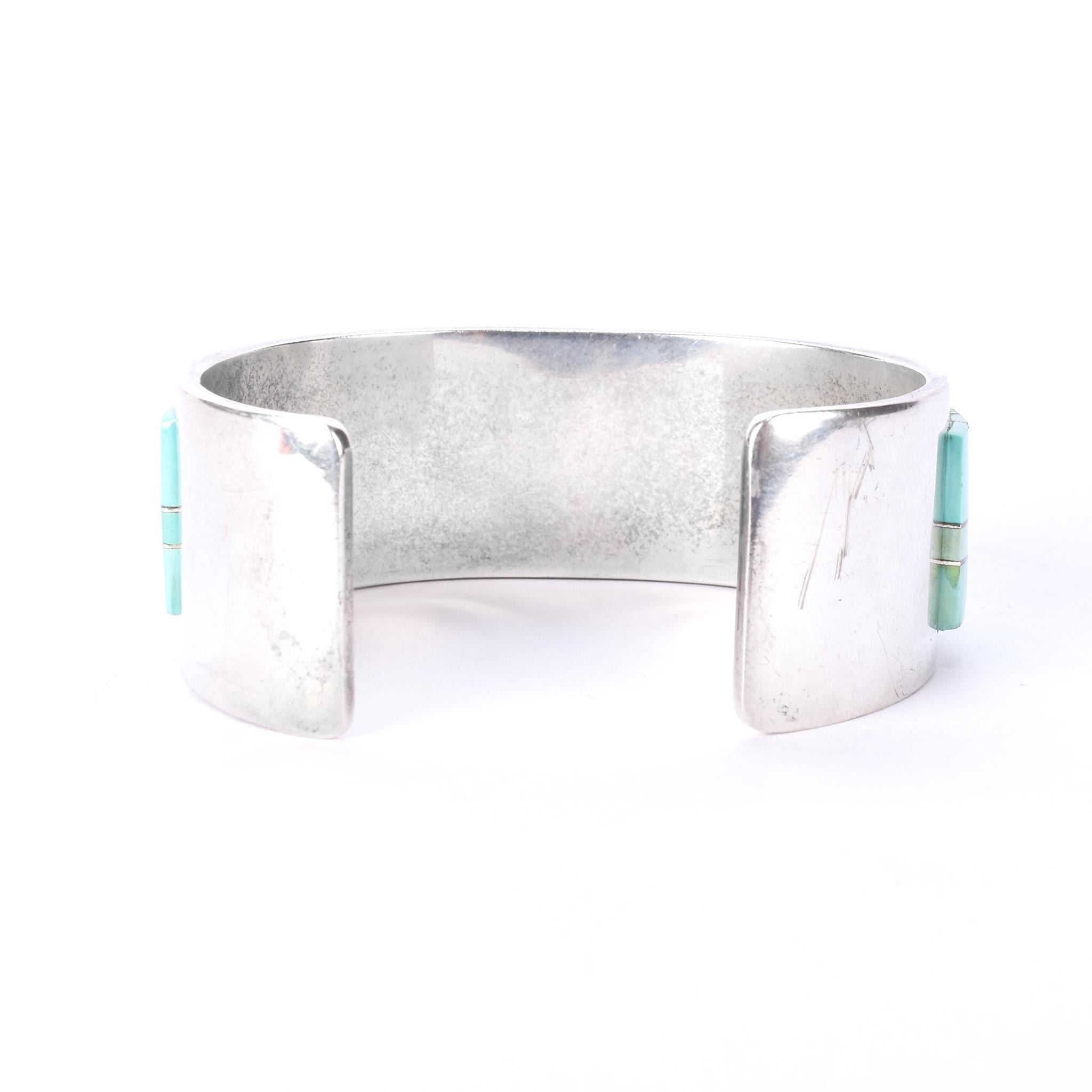 Signed Tommy Jackson Navajo Sterling Silver Turquoise Inlay Cuff Bracelet