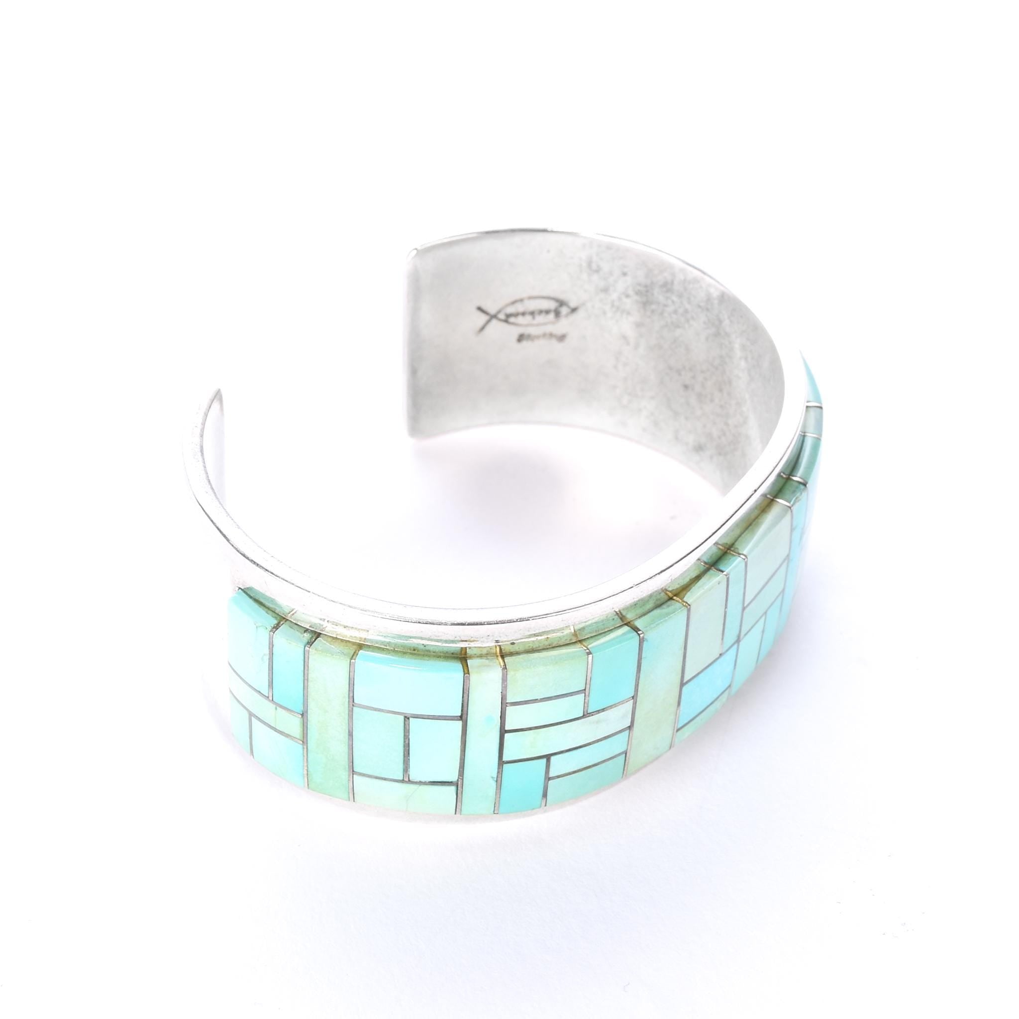 Signed Tommy Jackson Navajo Sterling Silver Turquoise Inlay Cuff Bracelet