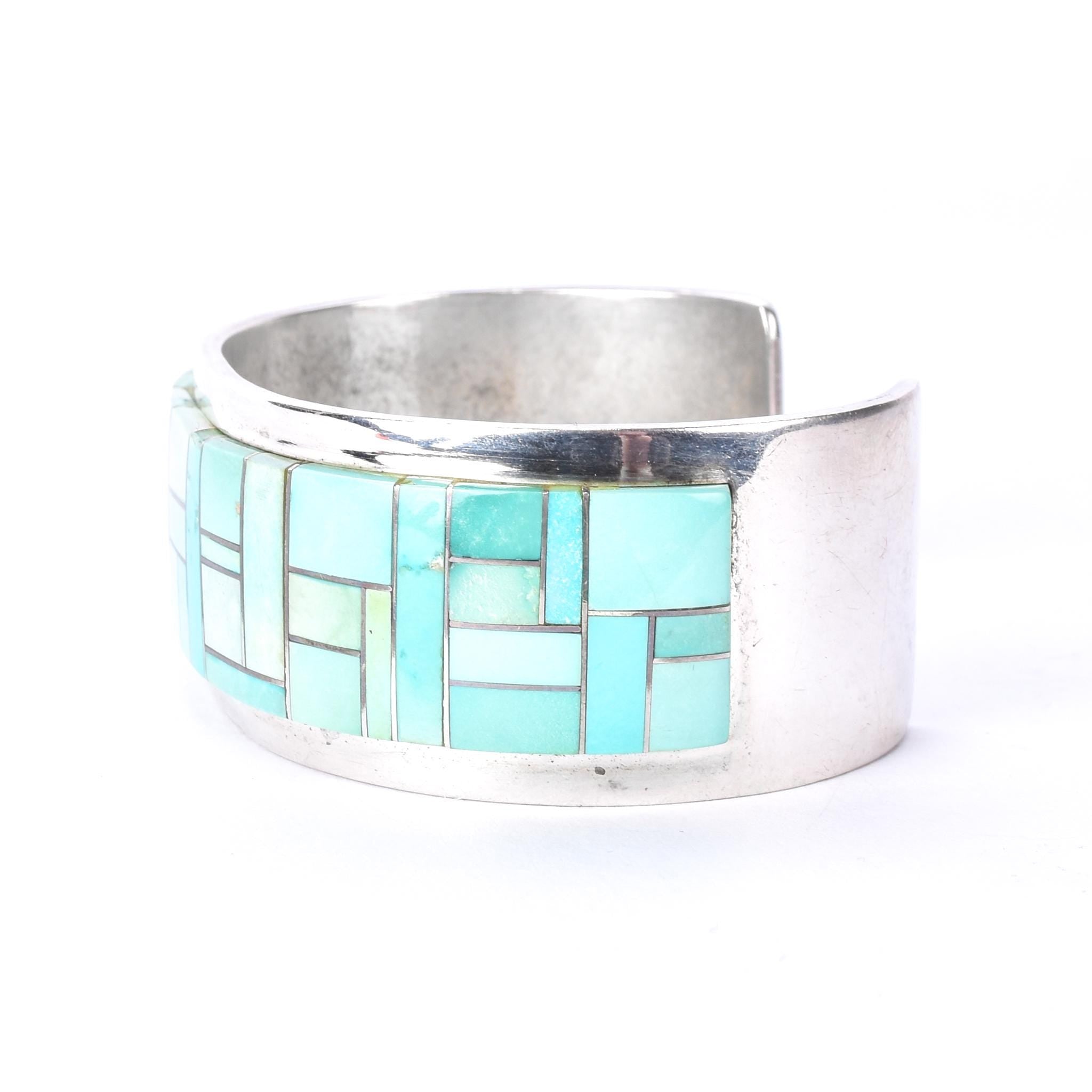 Signed Tommy Jackson Navajo Sterling Silver Turquoise Inlay Cuff Bracelet