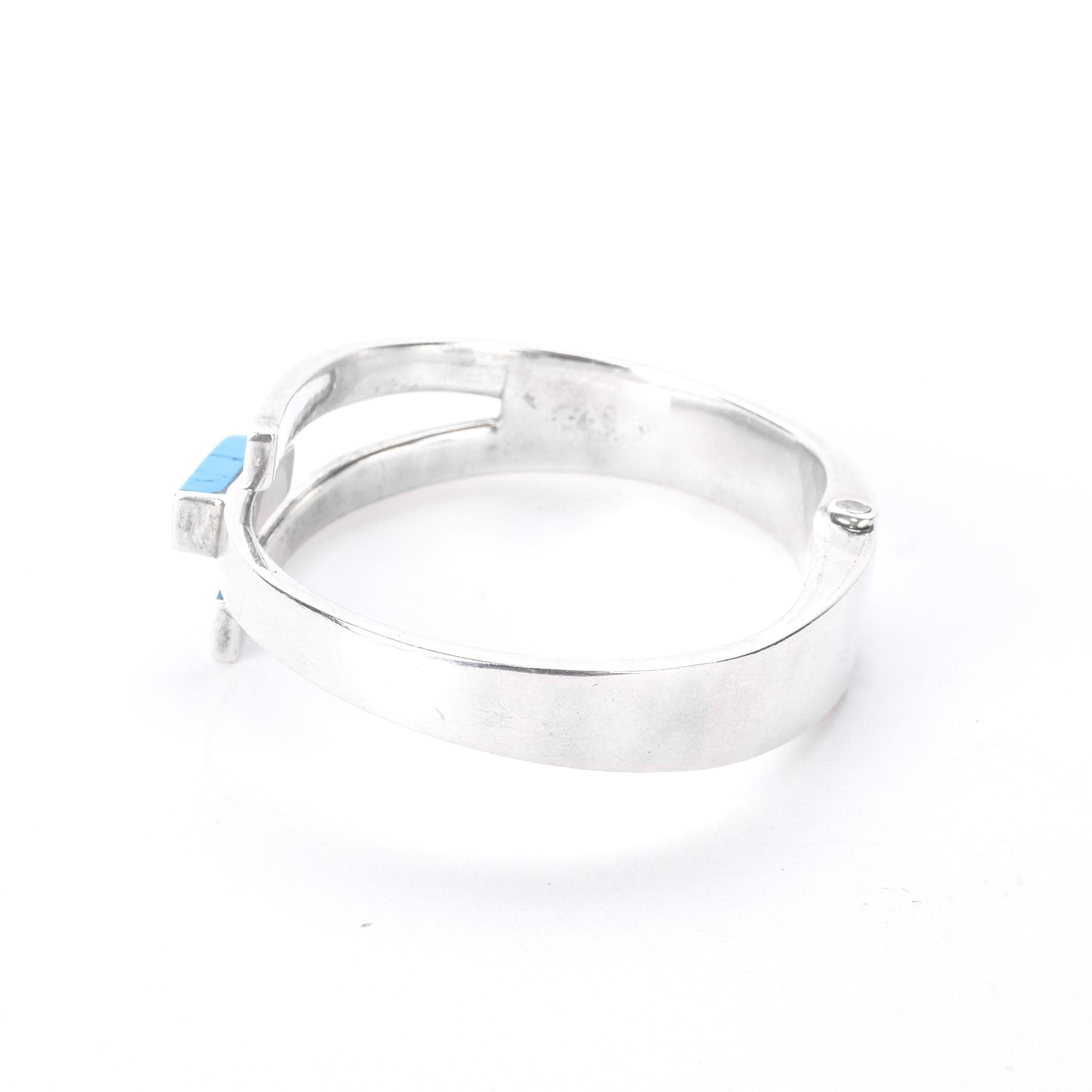 Taxco 925 Sterling Silver Hinged Modernist Turquoise Cuff Bracelet