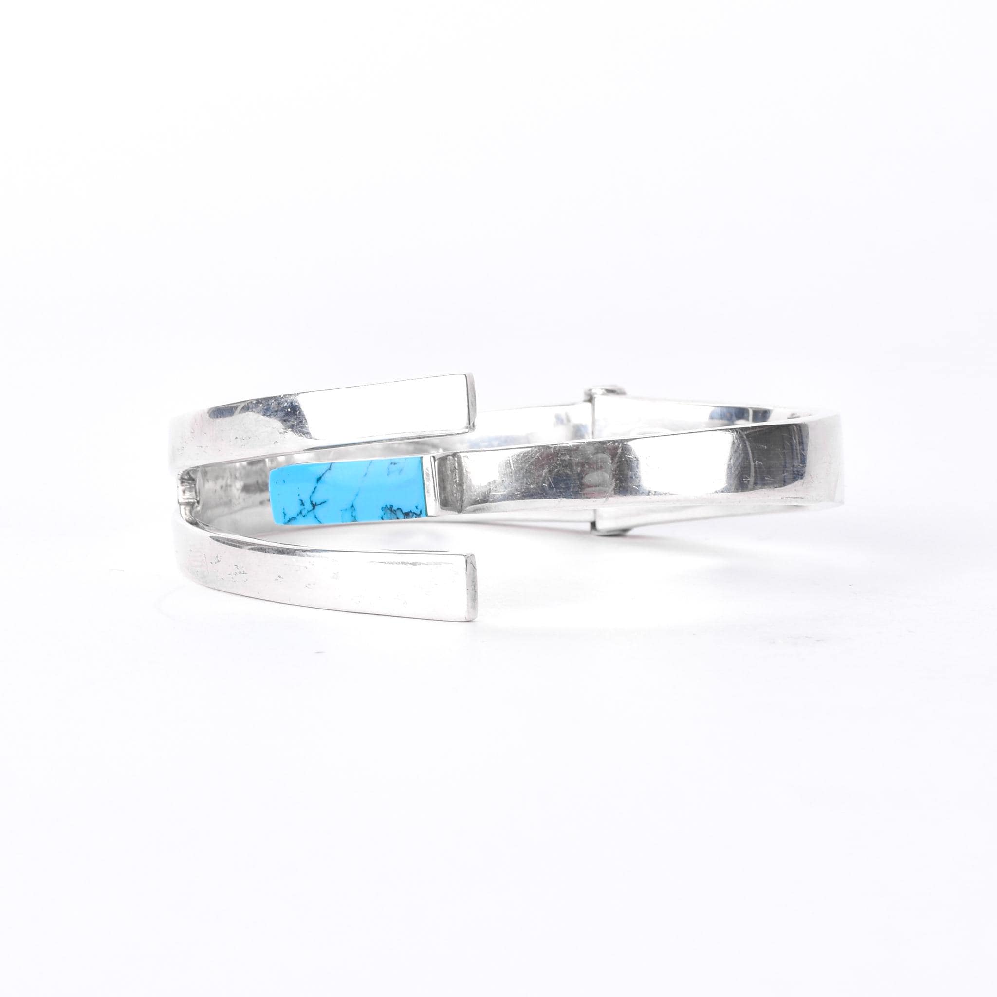 Taxco 925 Sterling Silver Hinged Modernist Turquoise Cuff Bracelet