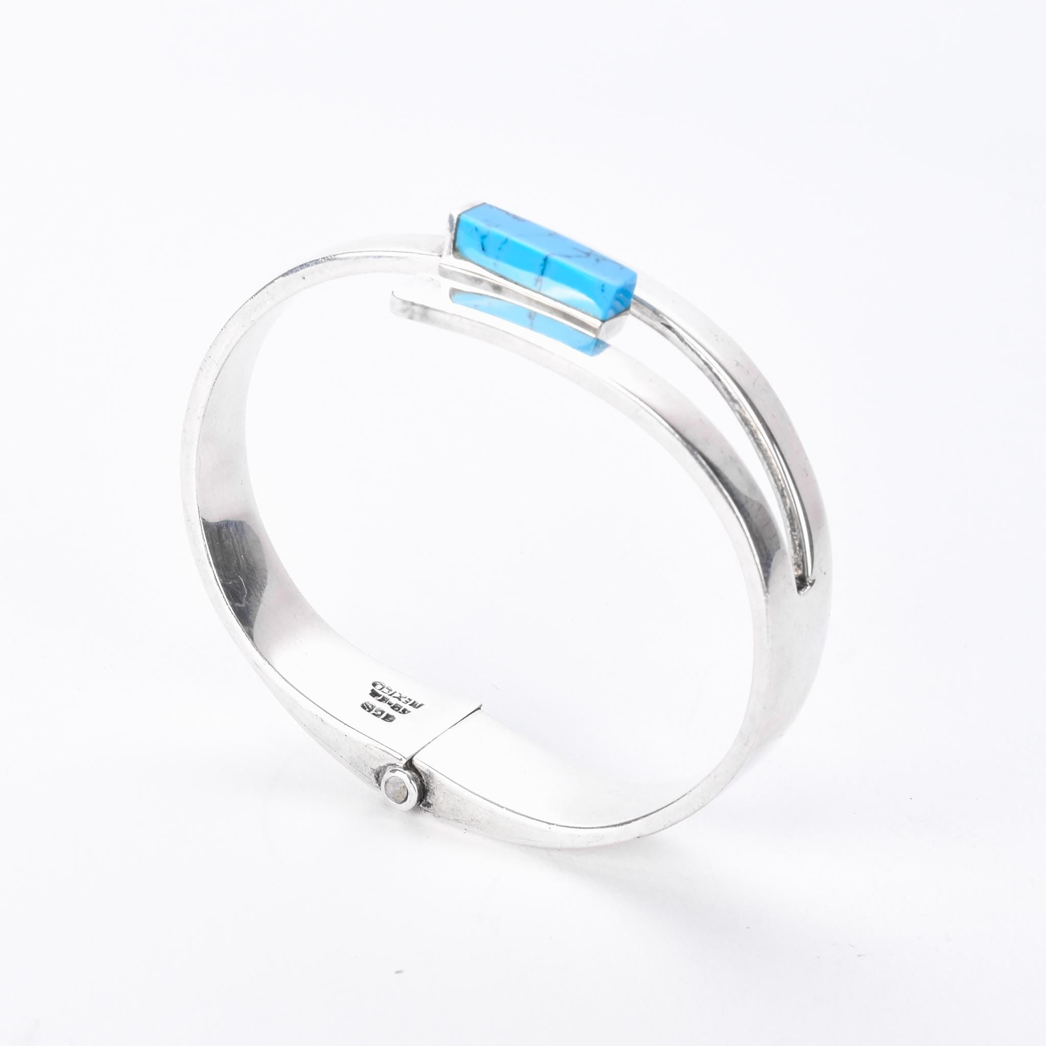 Taxco 925 Sterling Silver Hinged Modernist Turquoise Cuff Bracelet