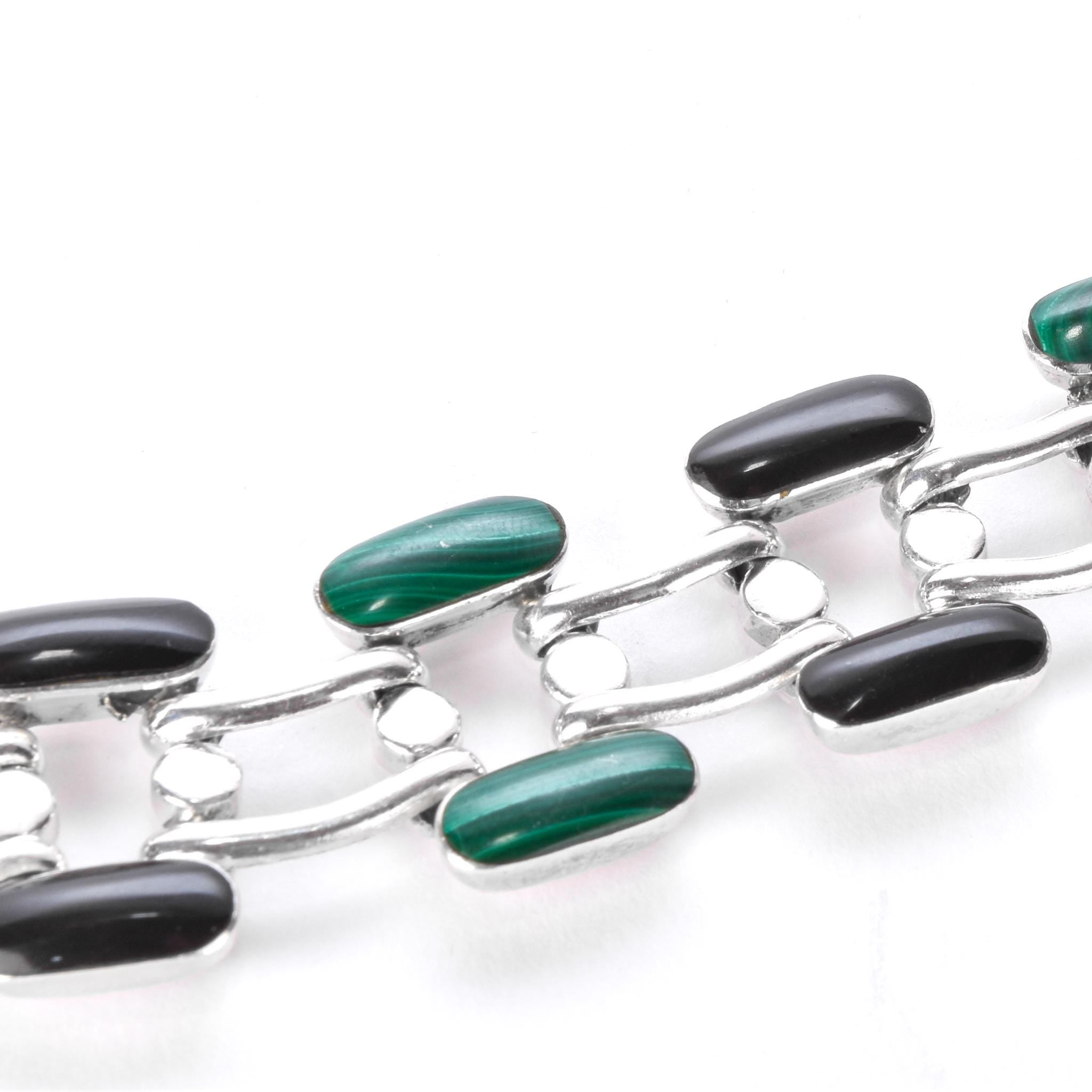 Taxco 950 Silver Malachite and Onyx Link Collar Necklace