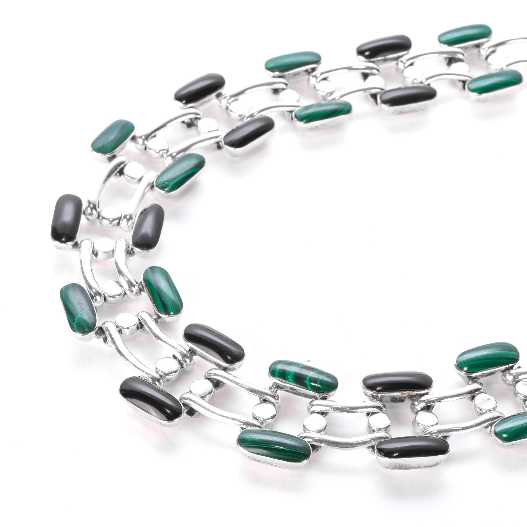 Taxco 950 Silver Malachite and Onyx Link Collar Necklace