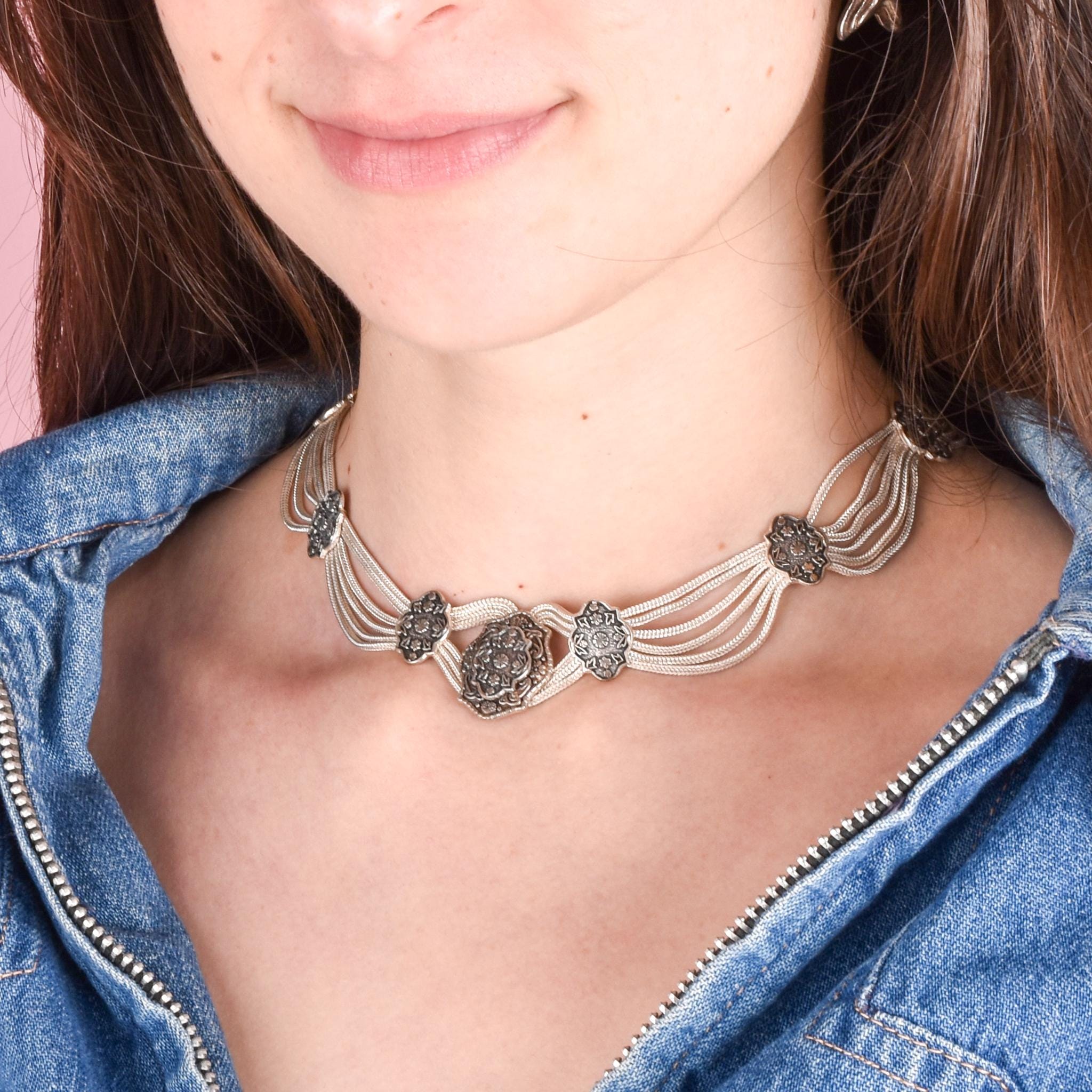 Sterling Silver Turkish Osmanli Niello-Style Choker Necklace