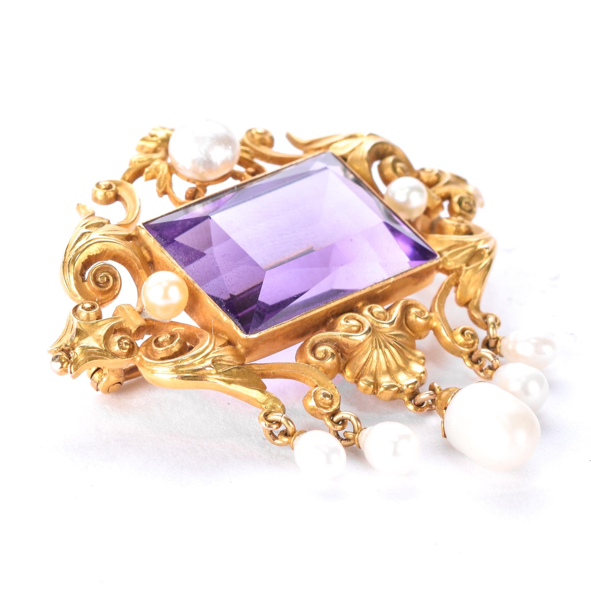 14K Gold Victorian Amethyst and Pearl Brooch