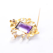 14K Gold Victorian Amethyst and Pearl Brooch