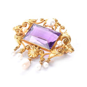 14K Gold Victorian Amethyst and Pearl Brooch