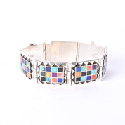 Signed Navajo Sterling Silver Multi-Stone Inlay Checkerboard Link Bracelet