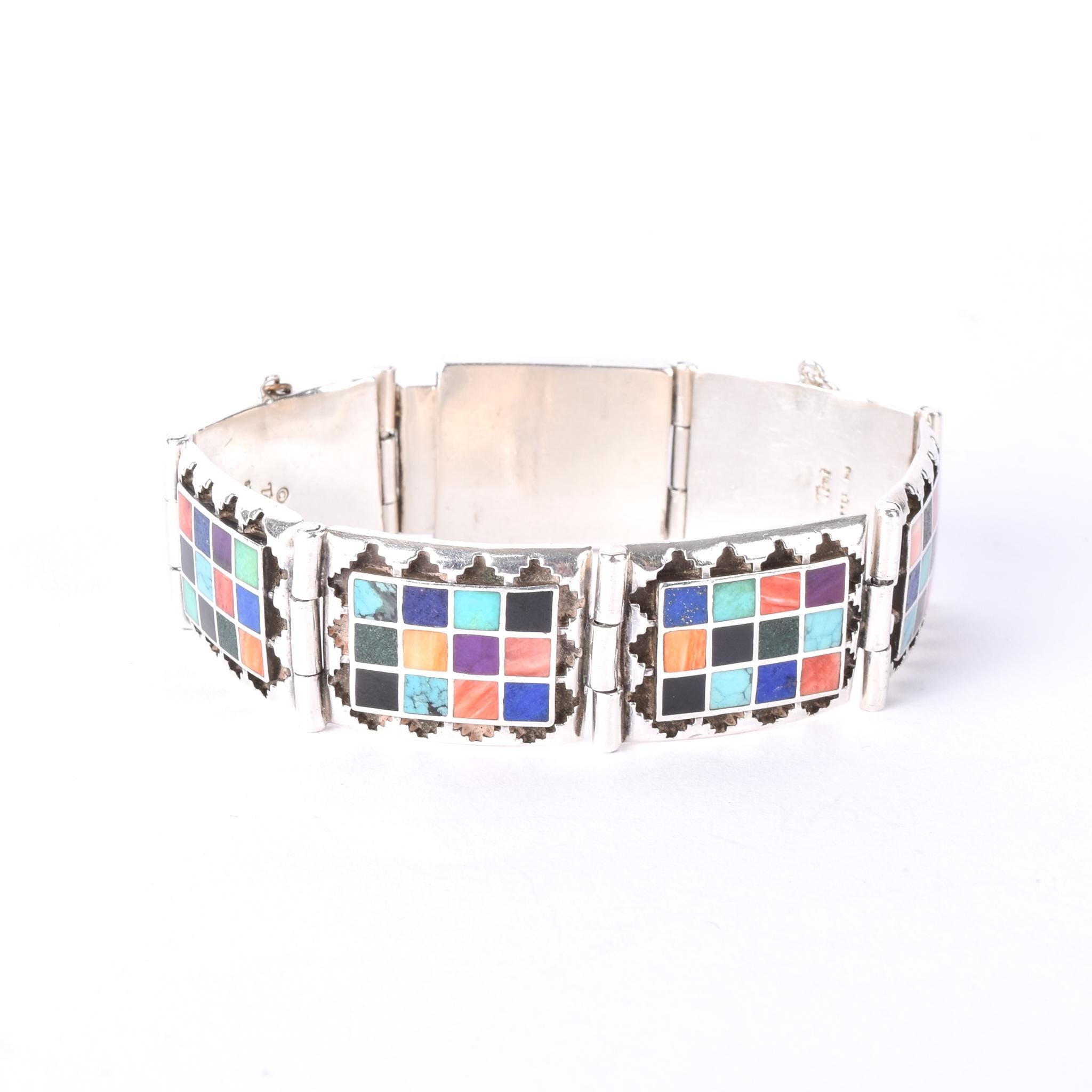 Signed Navajo Sterling Silver Multi-Stone Inlay Checkerboard Link Bracelet