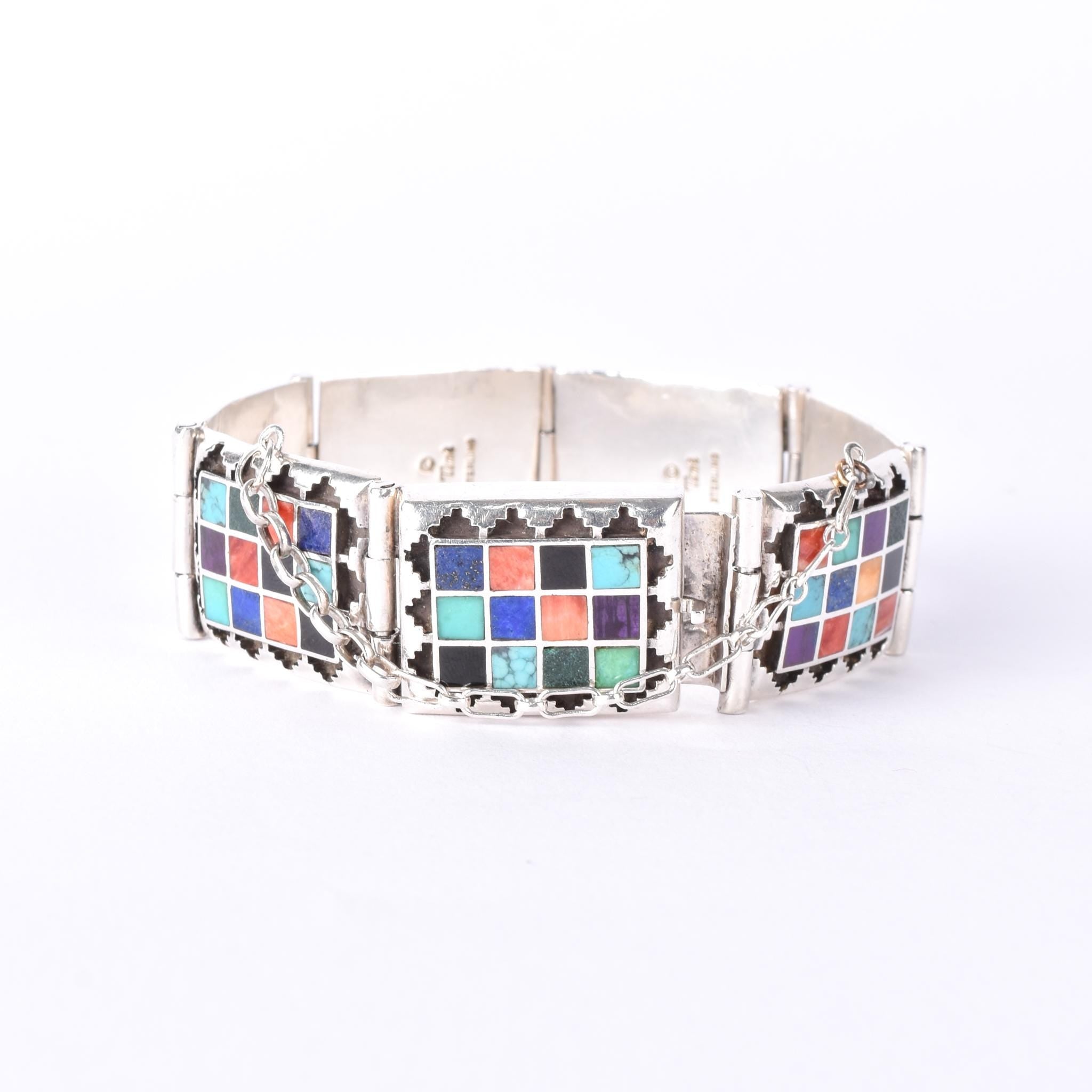 Signed Navajo Sterling Silver Multi-Stone Inlay Checkerboard Link Bracelet