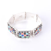 Signed Navajo Sterling Silver Multi-Stone Inlay Checkerboard Link Bracelet