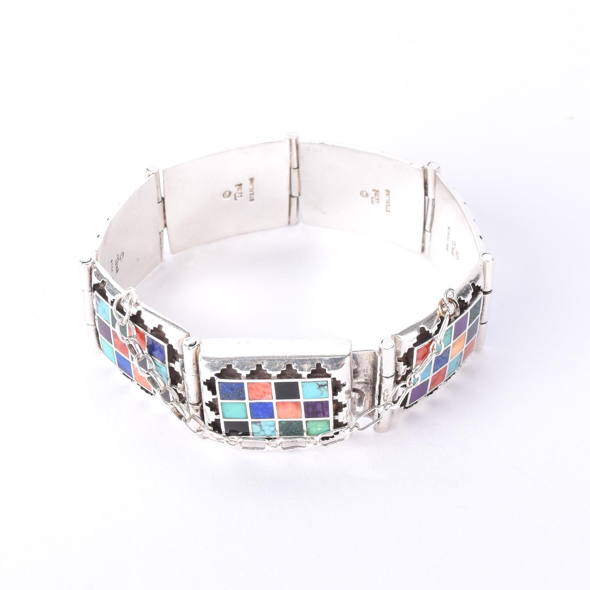 Signed Navajo Sterling Silver Multi-Stone Inlay Checkerboard Link Bracelet