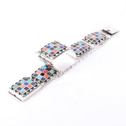 Signed Navajo Sterling Silver Multi-Stone Inlay Checkerboard Link Bracelet