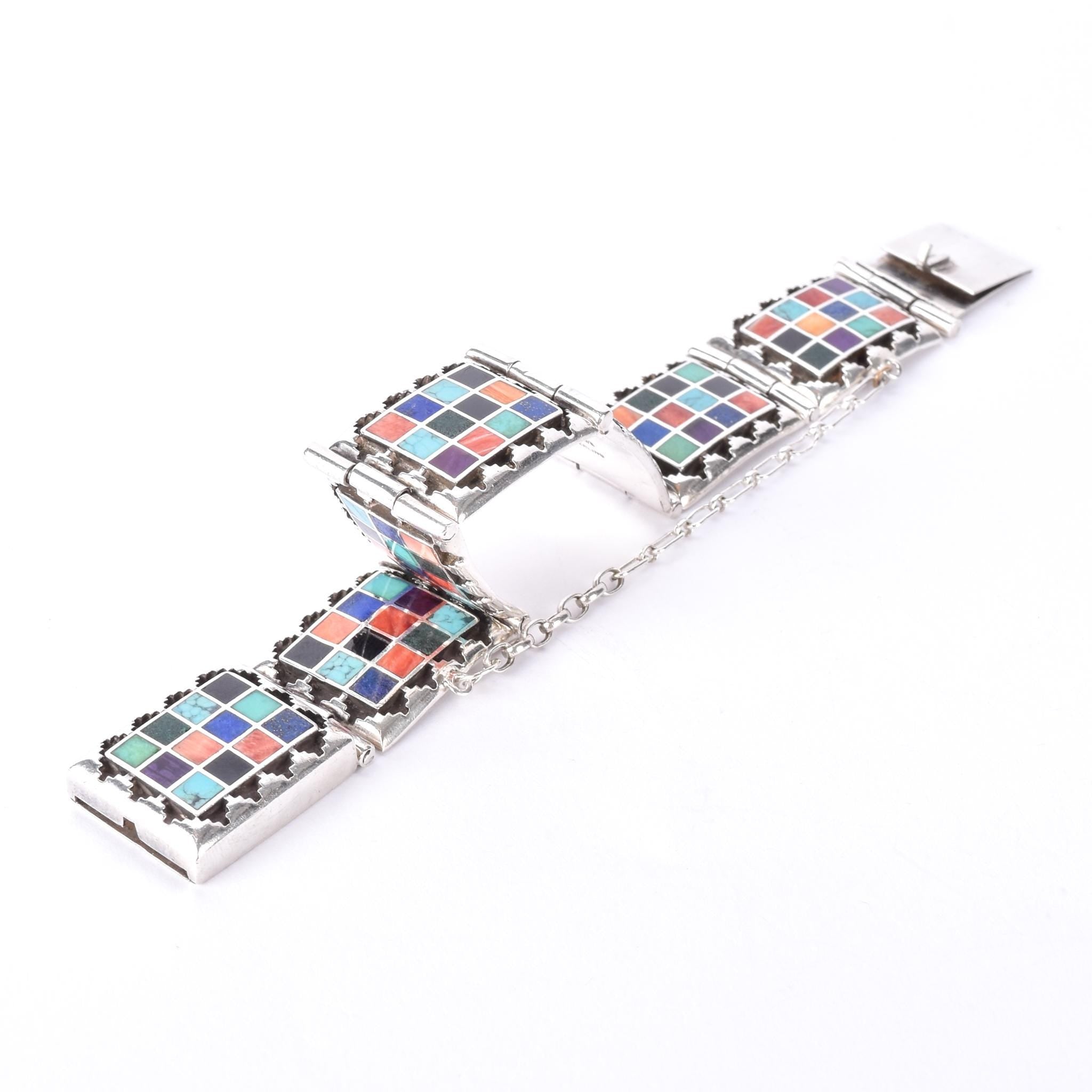 Signed Navajo Sterling Silver Multi-Stone Inlay Checkerboard Link Bracelet