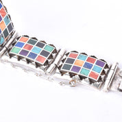 Signed Navajo Sterling Silver Multi-Stone Inlay Checkerboard Link Bracelet