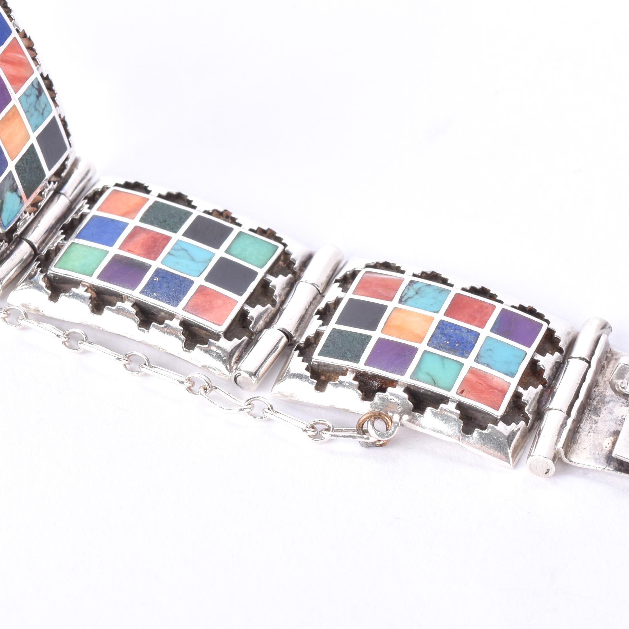 Signed Navajo Sterling Silver Multi-Stone Inlay Checkerboard Link Bracelet