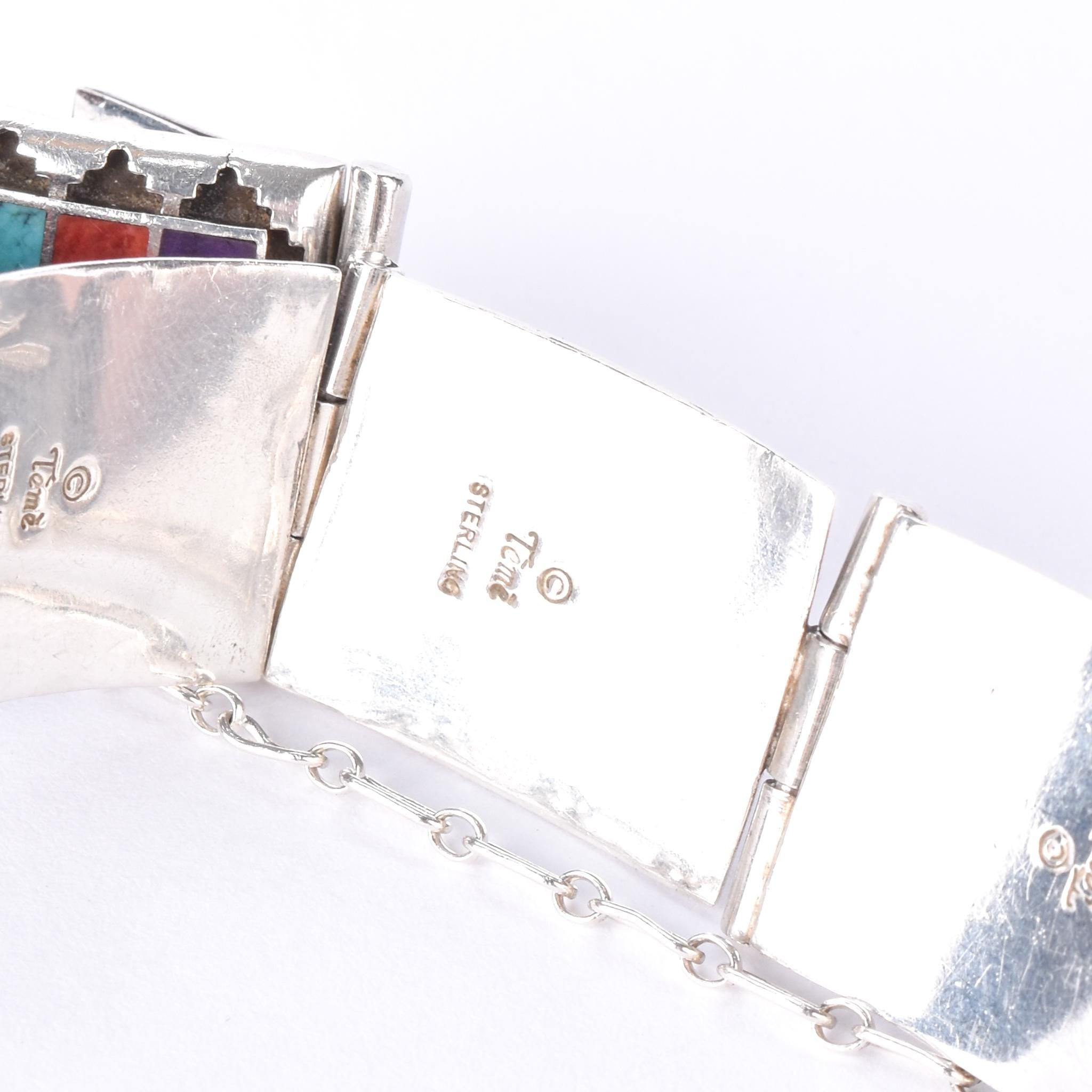 Signed Navajo Sterling Silver Multi-Stone Inlay Checkerboard Link Bracelet