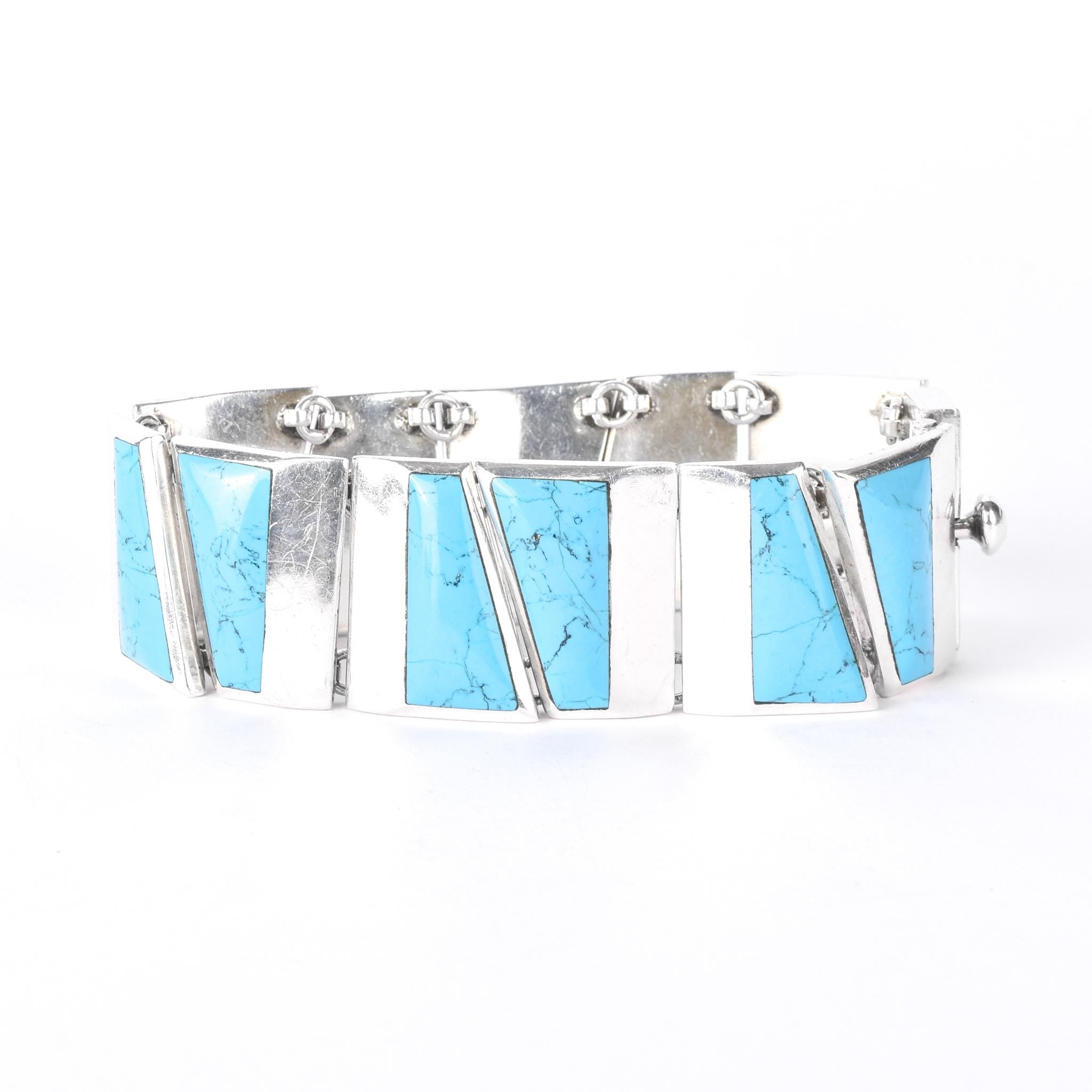 Taxco 950 Silver Geometric Turquoise Inlay Link Bracelet