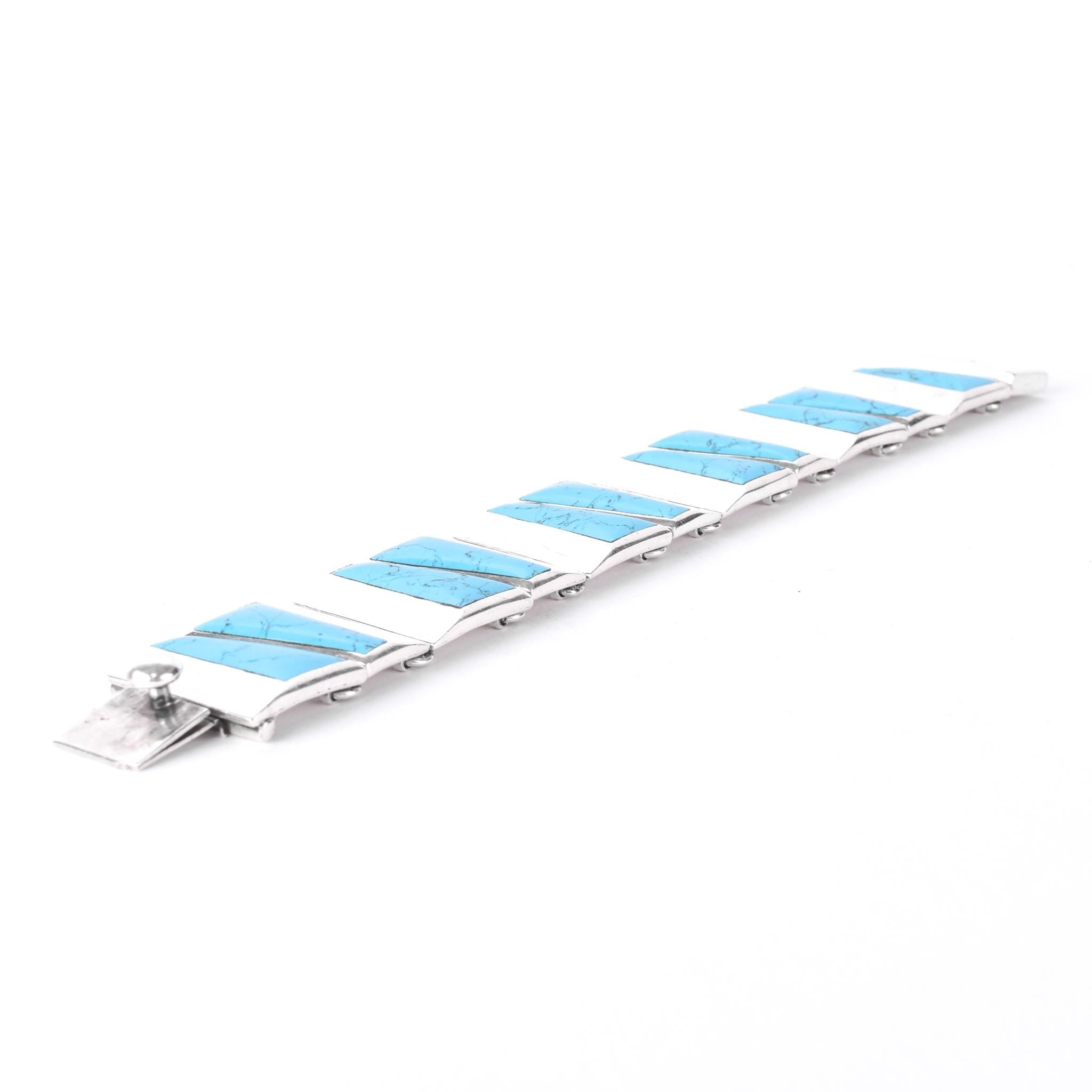 Taxco 950 Silver Geometric Turquoise Inlay Link Bracelet