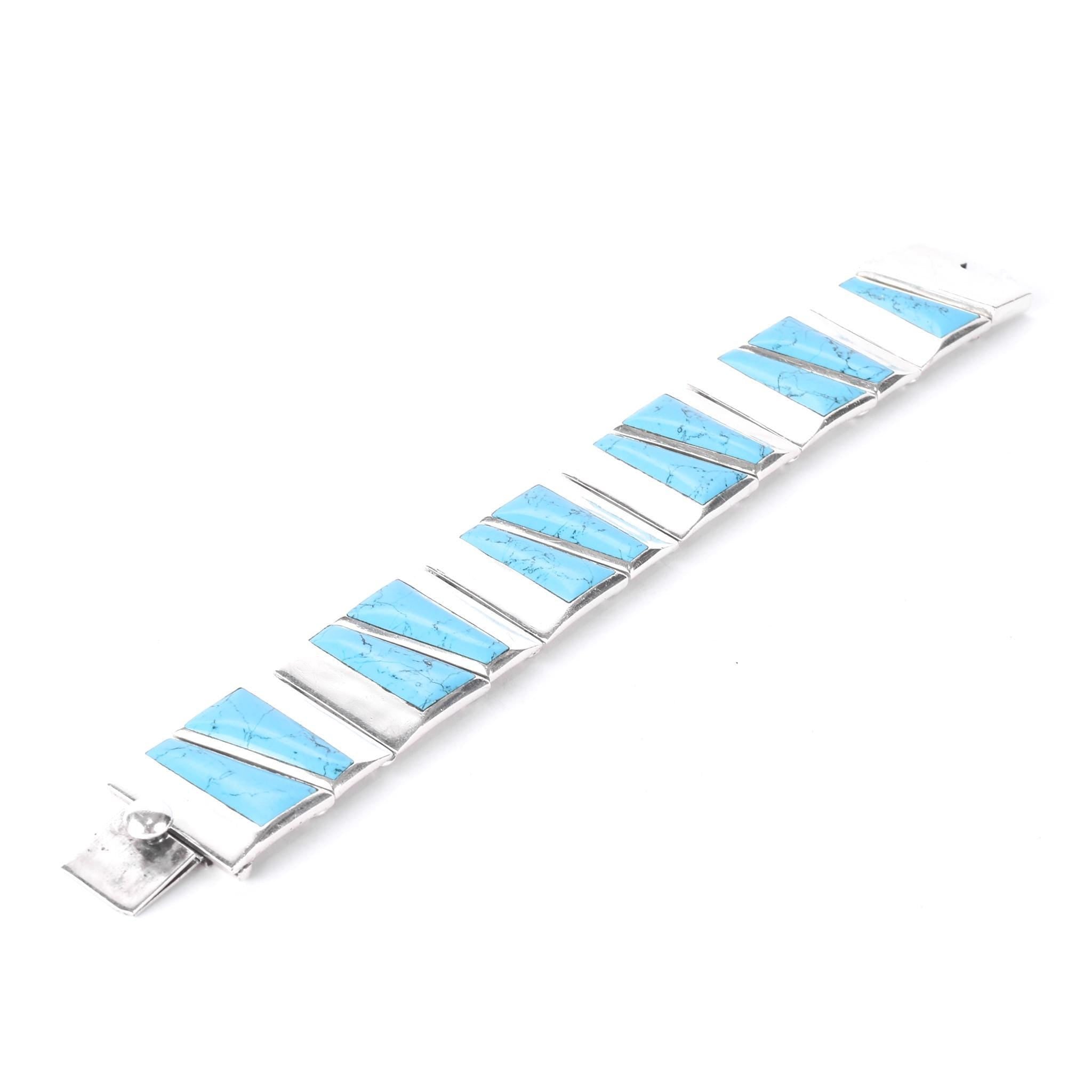 Taxco 950 Silver Geometric Turquoise Inlay Link Bracelet