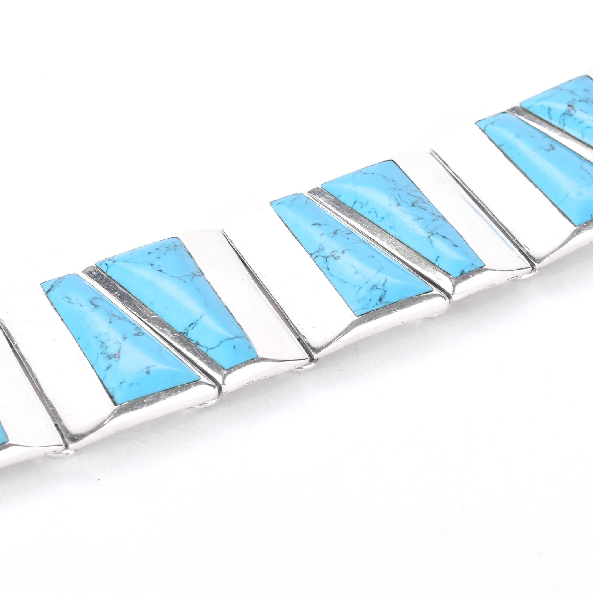 Taxco 950 Silver Geometric Turquoise Inlay Link Bracelet