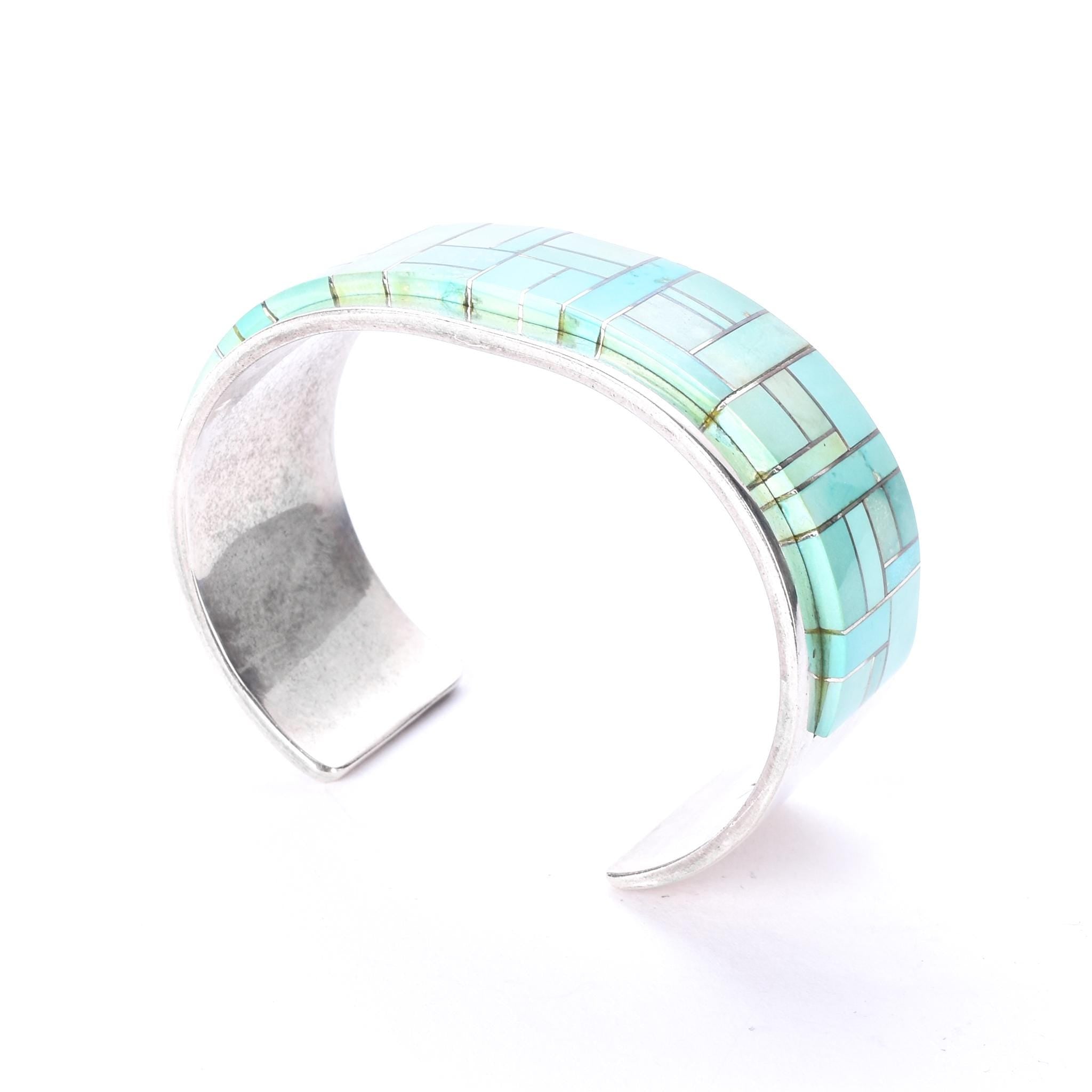 Signed Tommy Jackson Navajo Sterling Silver Turquoise Inlay Cuff Bracelet
