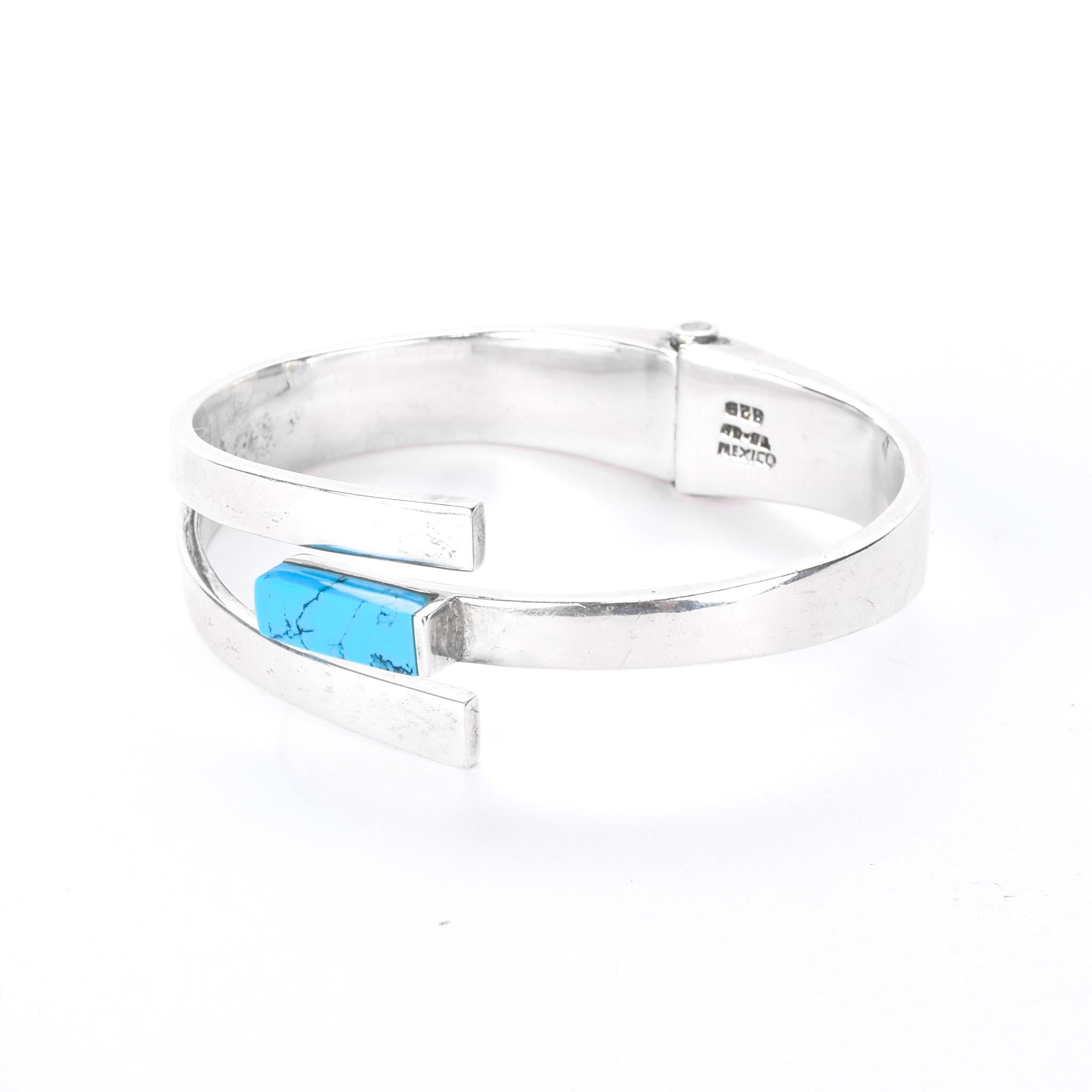 Taxco 925 Sterling Silver Hinged Modernist Turquoise Cuff Bracelet