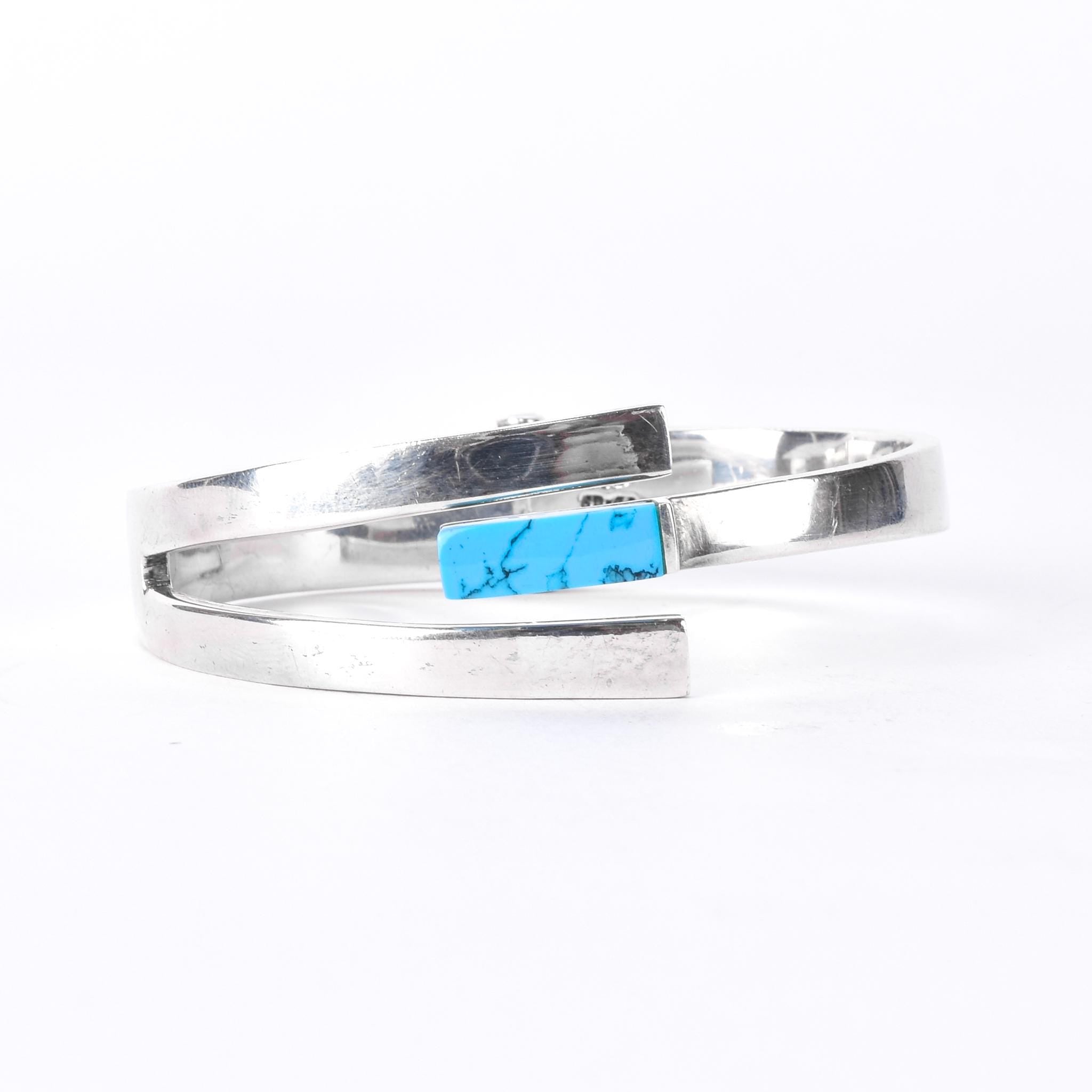 Taxco 925 Sterling Silver Hinged Modernist Turquoise Cuff Bracelet