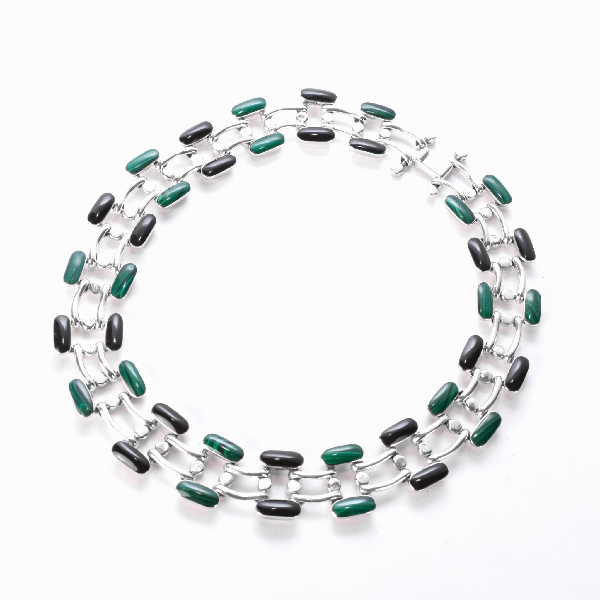Taxco 950 Silver Malachite and Onyx Link Collar Necklace