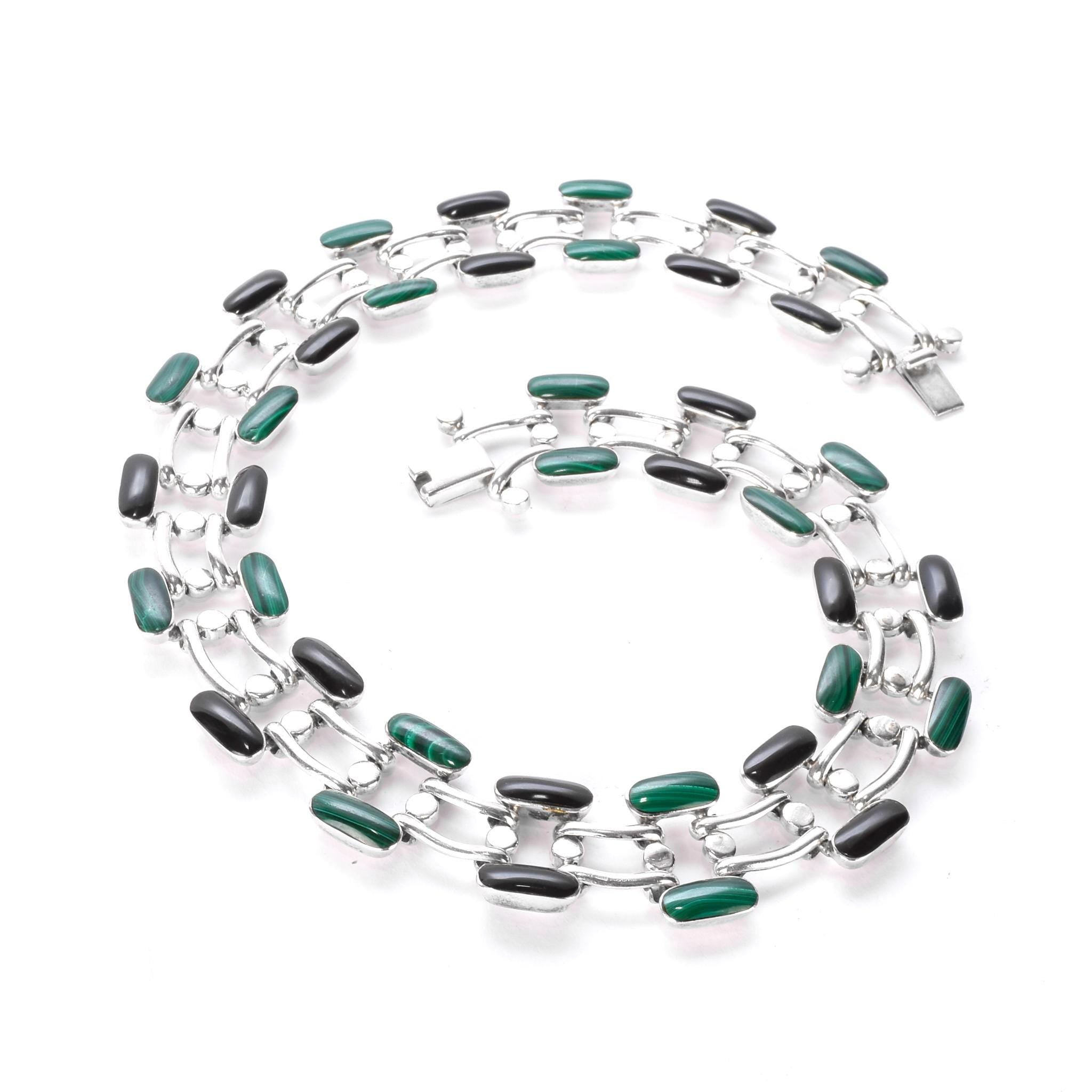 Taxco 950 Silver Malachite and Onyx Link Collar Necklace