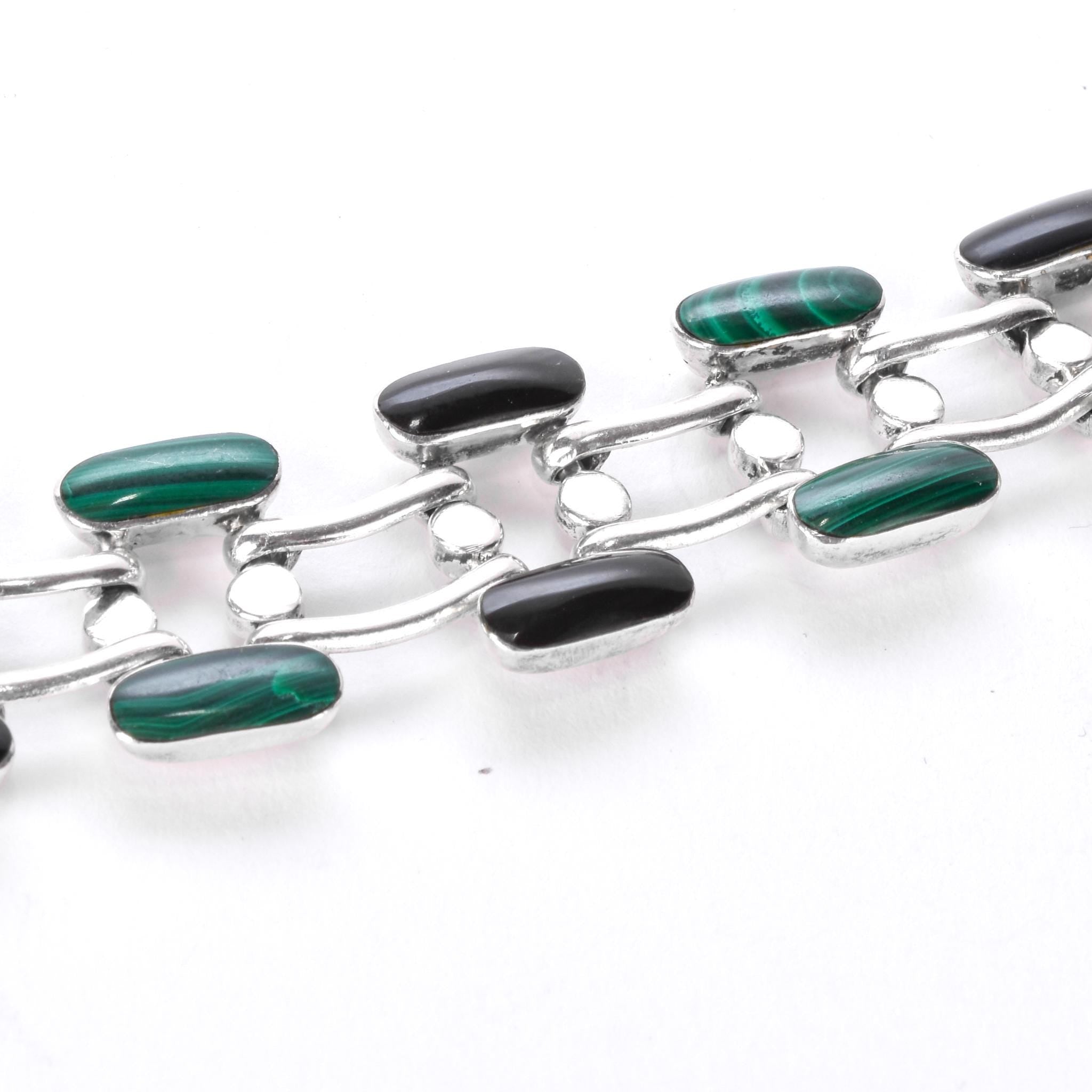 Taxco 950 Silver Malachite and Onyx Link Collar Necklace