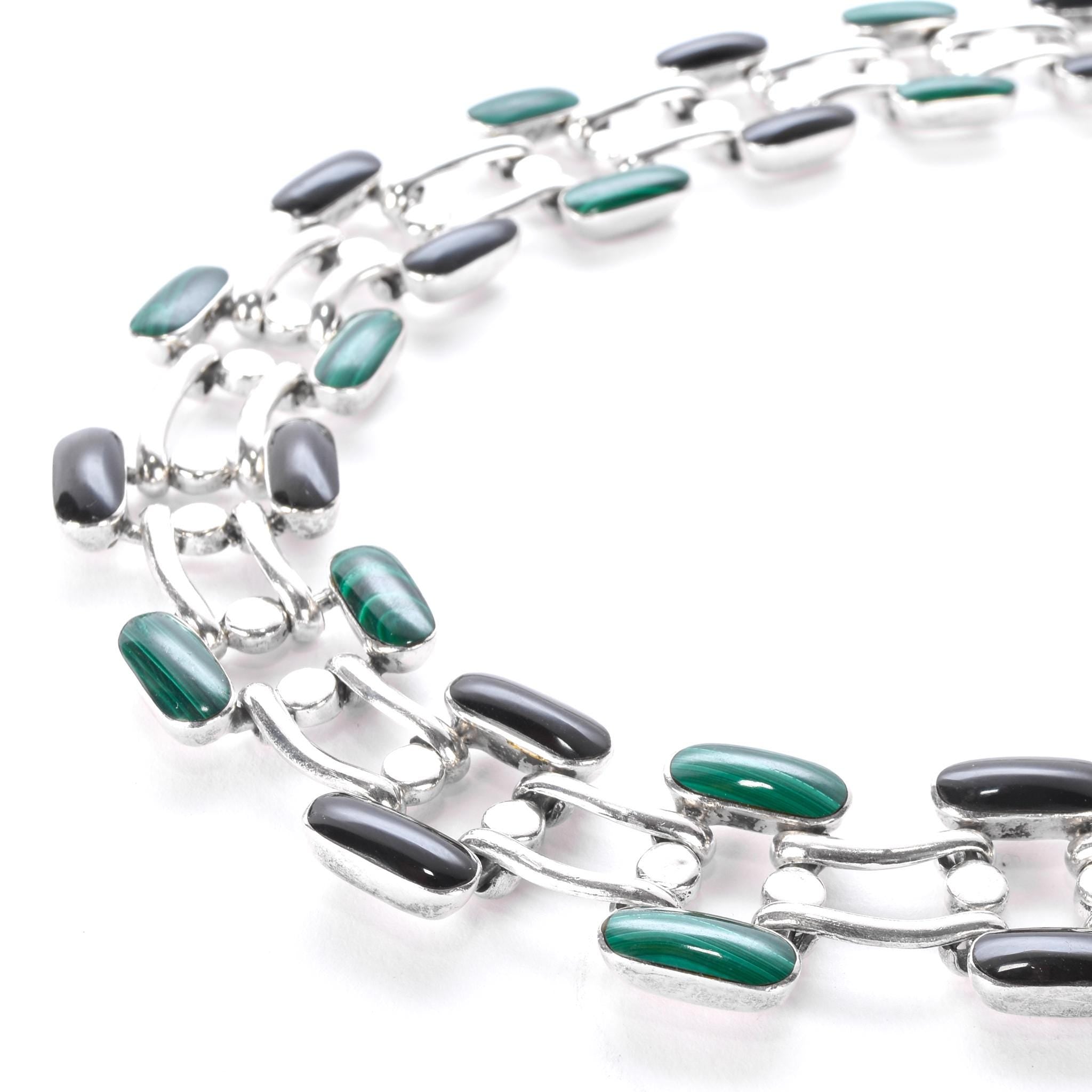 Taxco 950 Silver Malachite and Onyx Link Collar Necklace