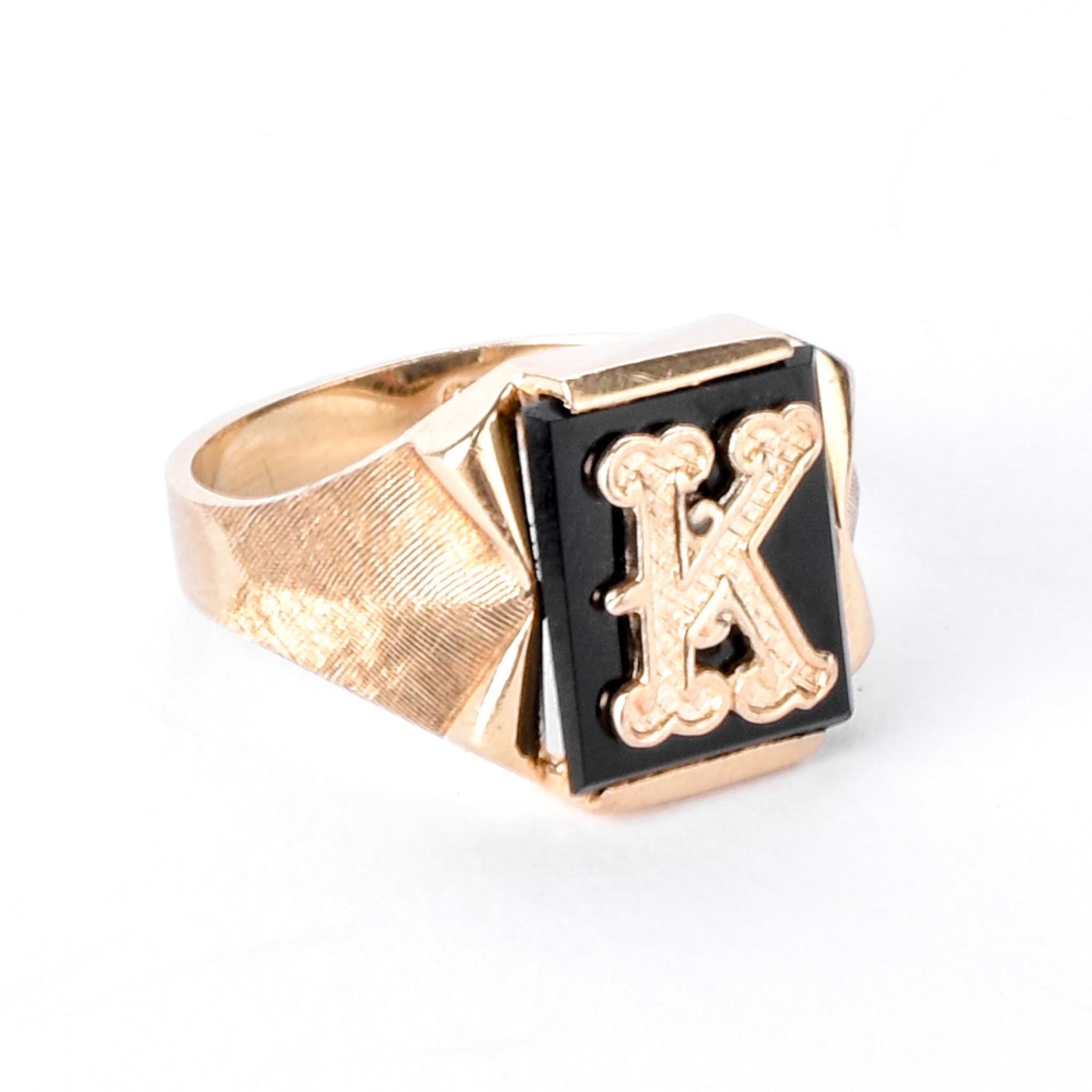 Art Deco 10K Gold & Onyx "K" Signet Ring