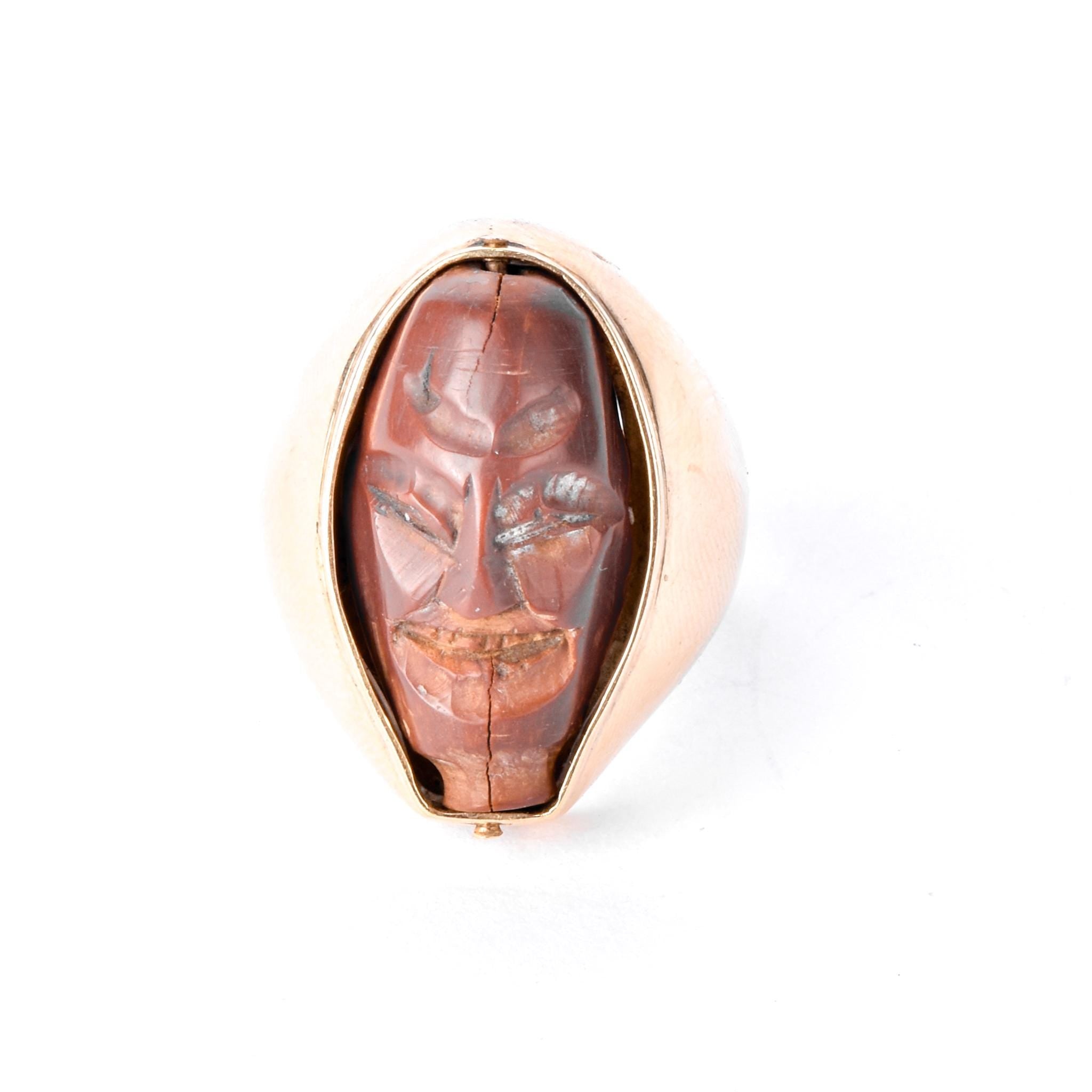 Vintage 18K Gold Reversible Chinese Olive Pit Carved Skull and Face Statement Ring, Size 10 1/4