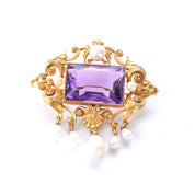 14K Gold Victorian Amethyst and Pearl Brooch