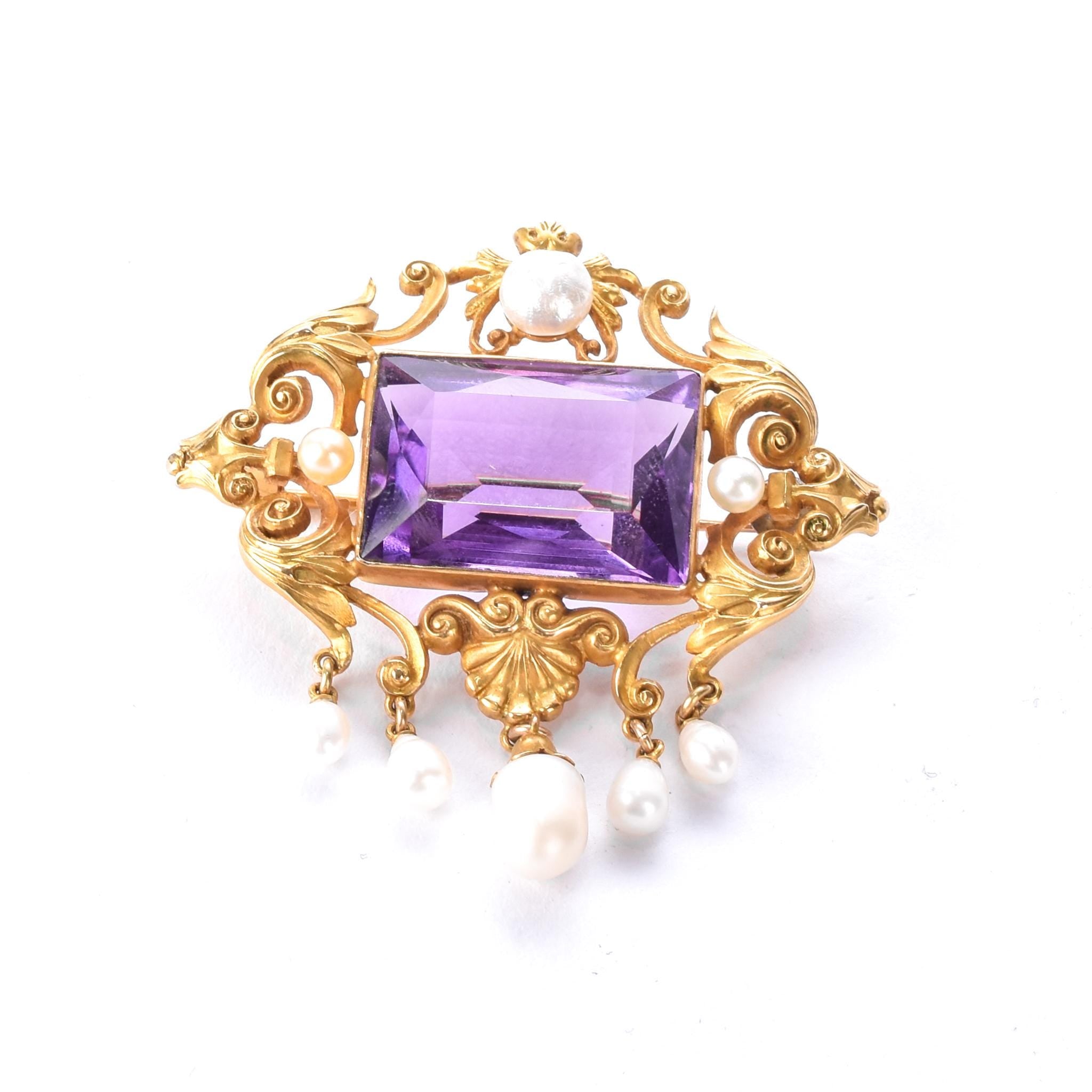 14K Gold Victorian Amethyst and Pearl Brooch